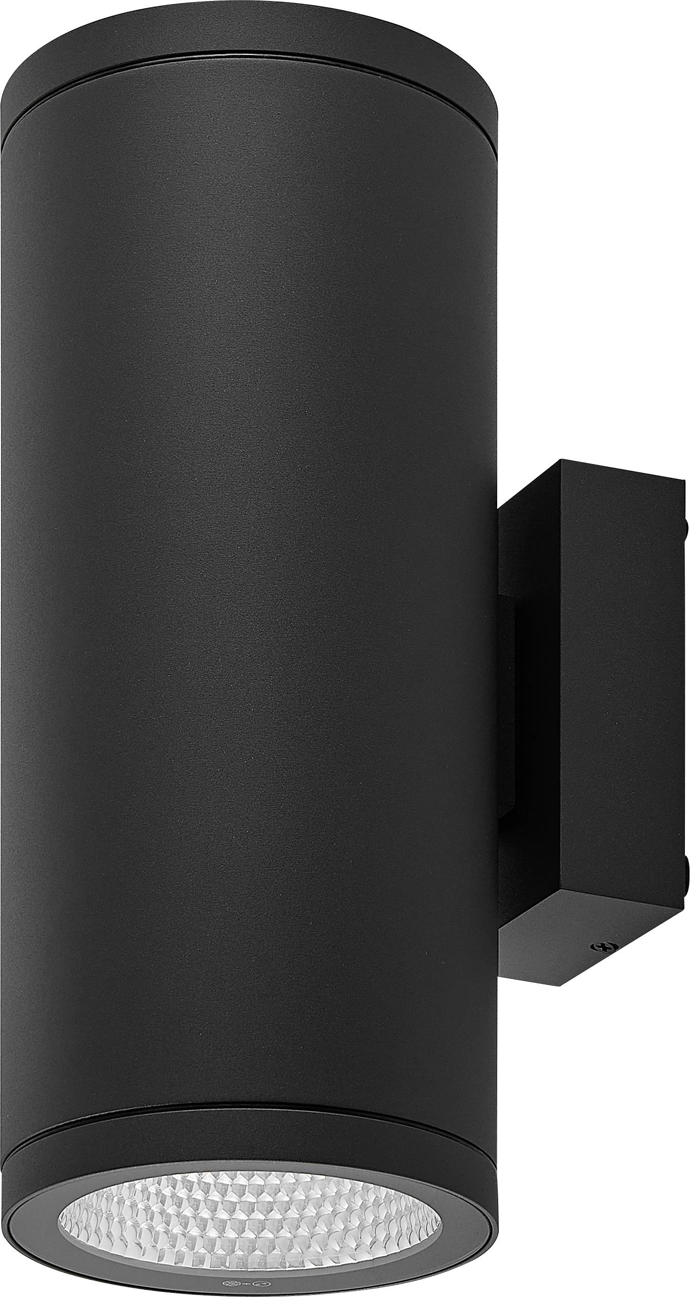 Schwarze zylindrische wandmontierte Außenleuchte mit nach unten gerichtetem LED-Objektiv.