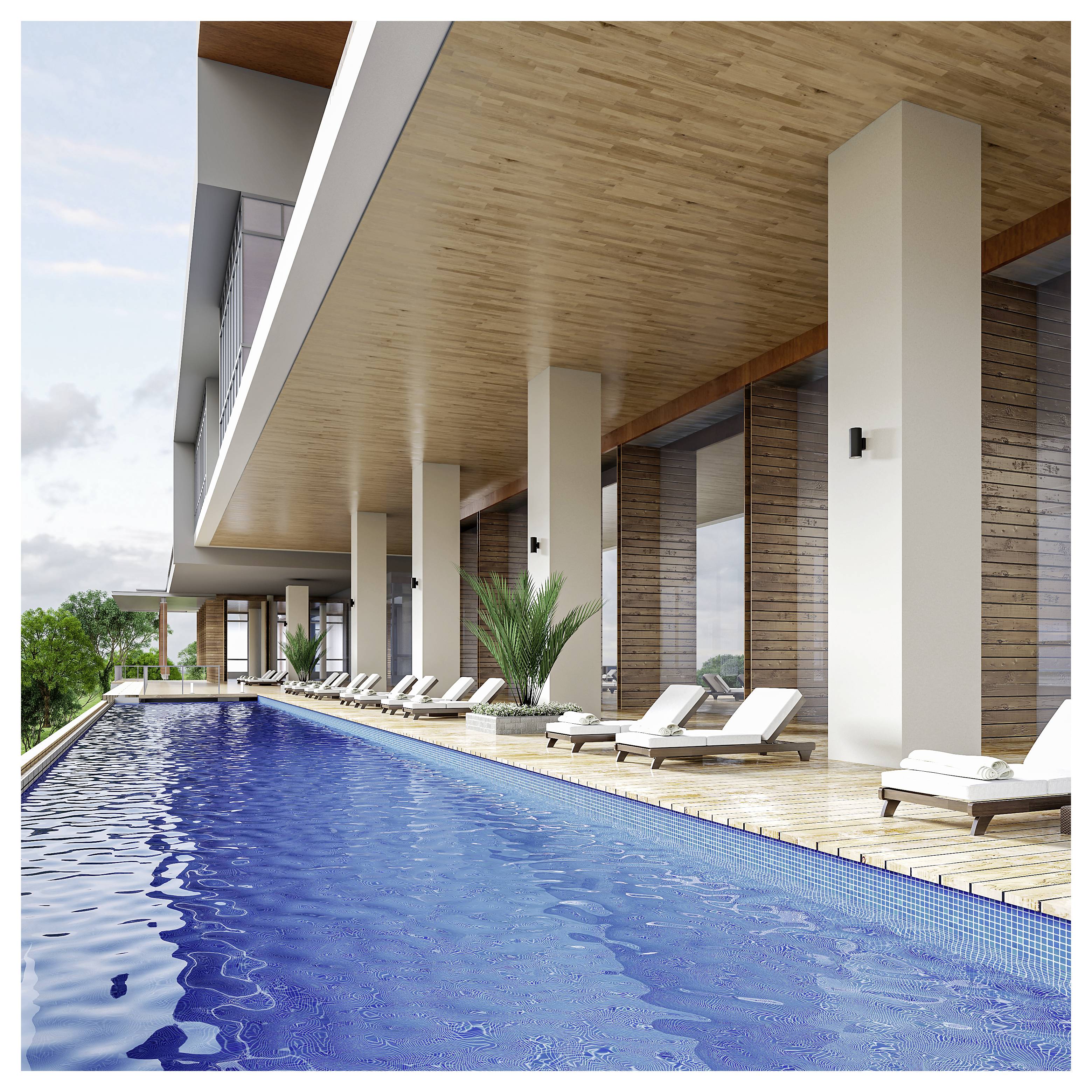 Moderner Außenschwimmpool neben einem Luxusgebäude mit Liegestühlen, hohen Säulen und einem Holzpaneel-Vordach.