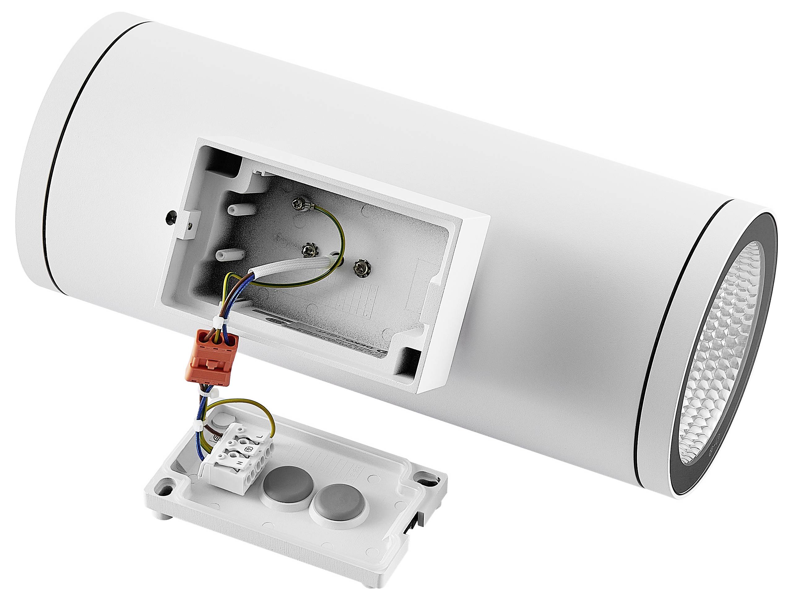 Zylindrische Wandleuchte mit offenem Verdrahtungsgehäuse und abgelöster Montageplatte, showing elektrische Steckverbinder und interne Verdrahtung.