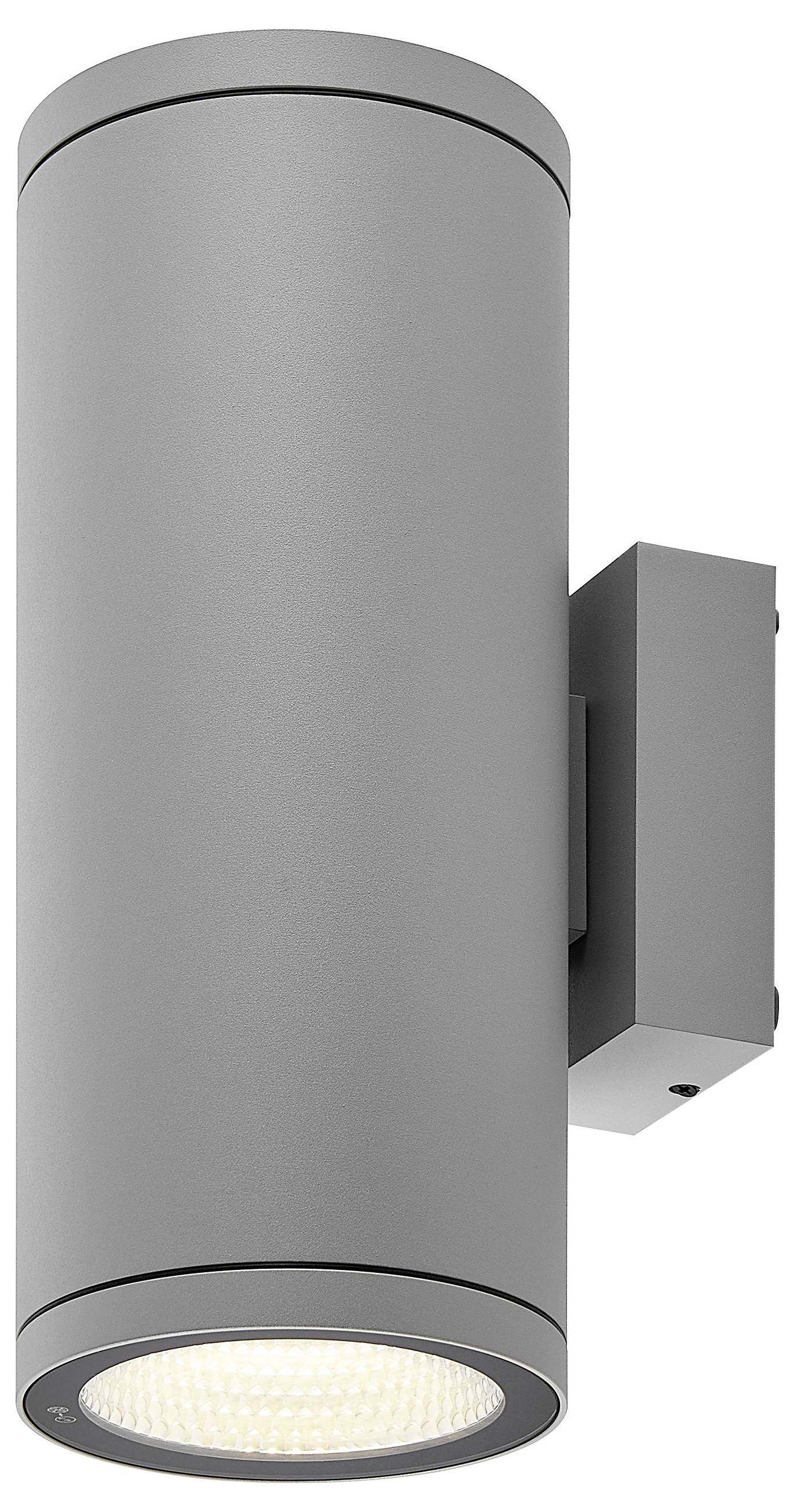 Graue zylindrische wandmontierte Außenleuchte mit runder LED-Lampe auf der Unterseite
