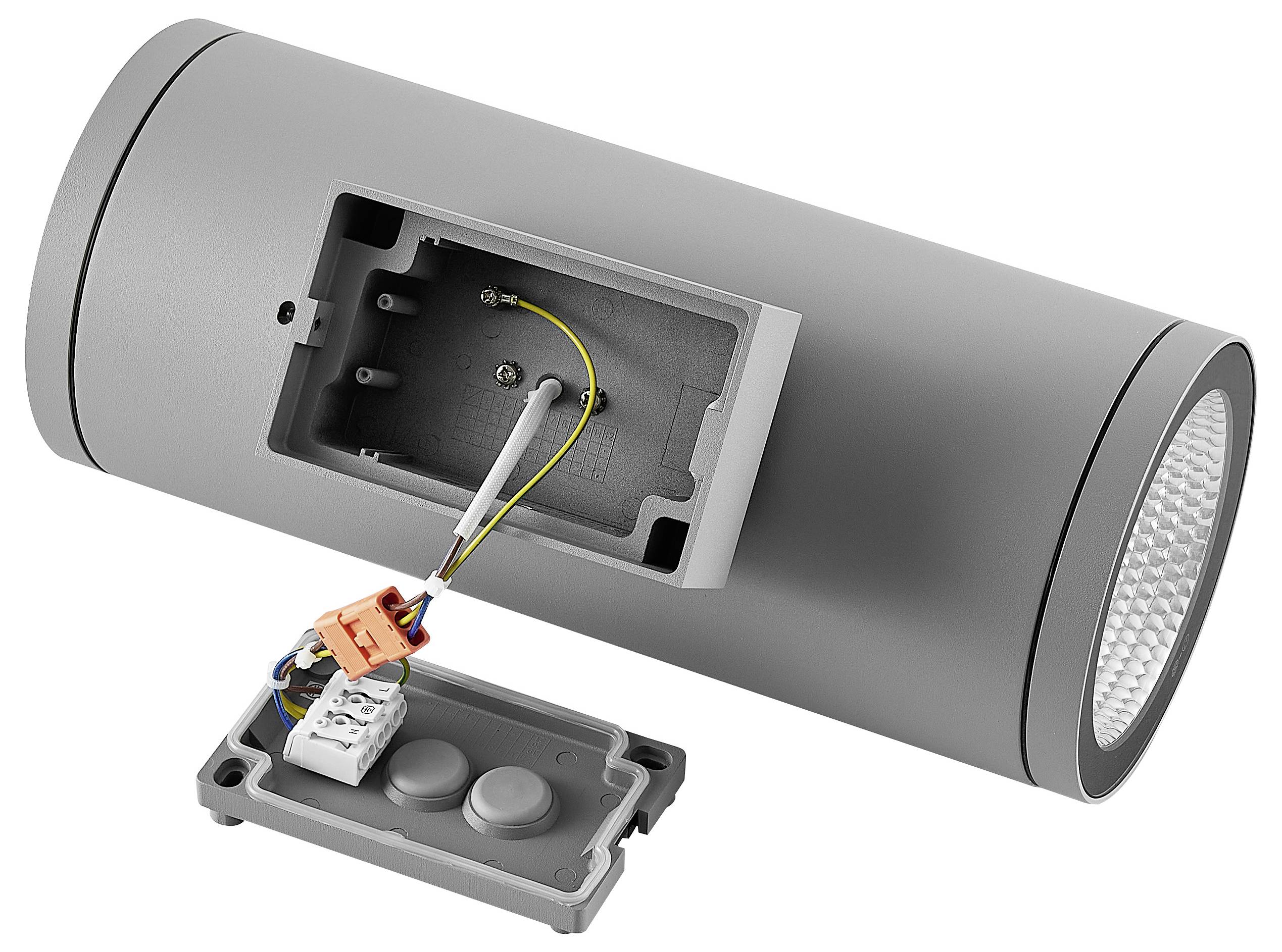 Offene zylindrische Wandleuchte mit Frontlinse und abnehmbarem Sockel, der die interne Verkabelung und den Stecker zeigt.