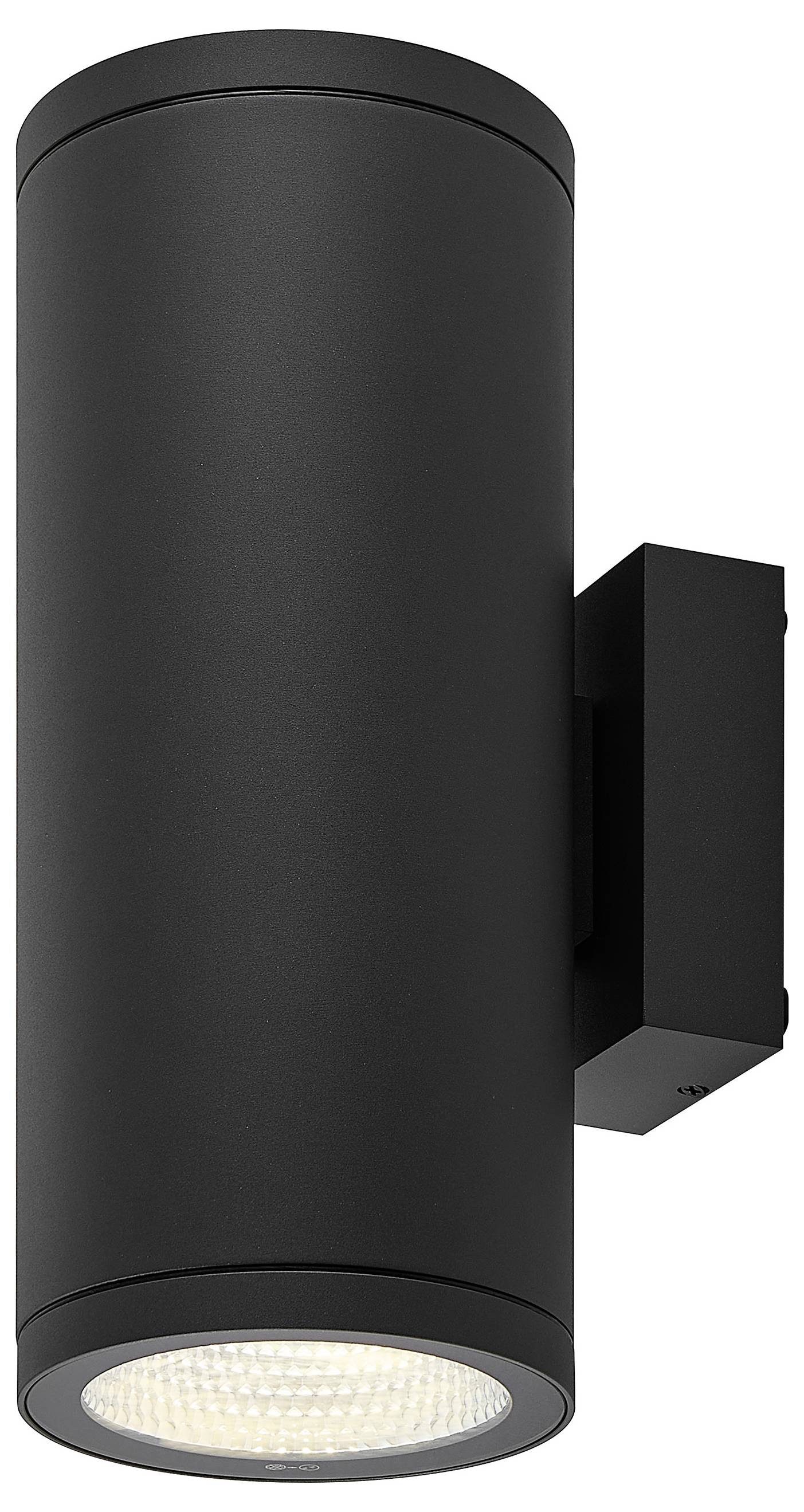 Schwarze zylindrische wandmontierte LED-Leuchte mit rundem Lichtdiffusor unten