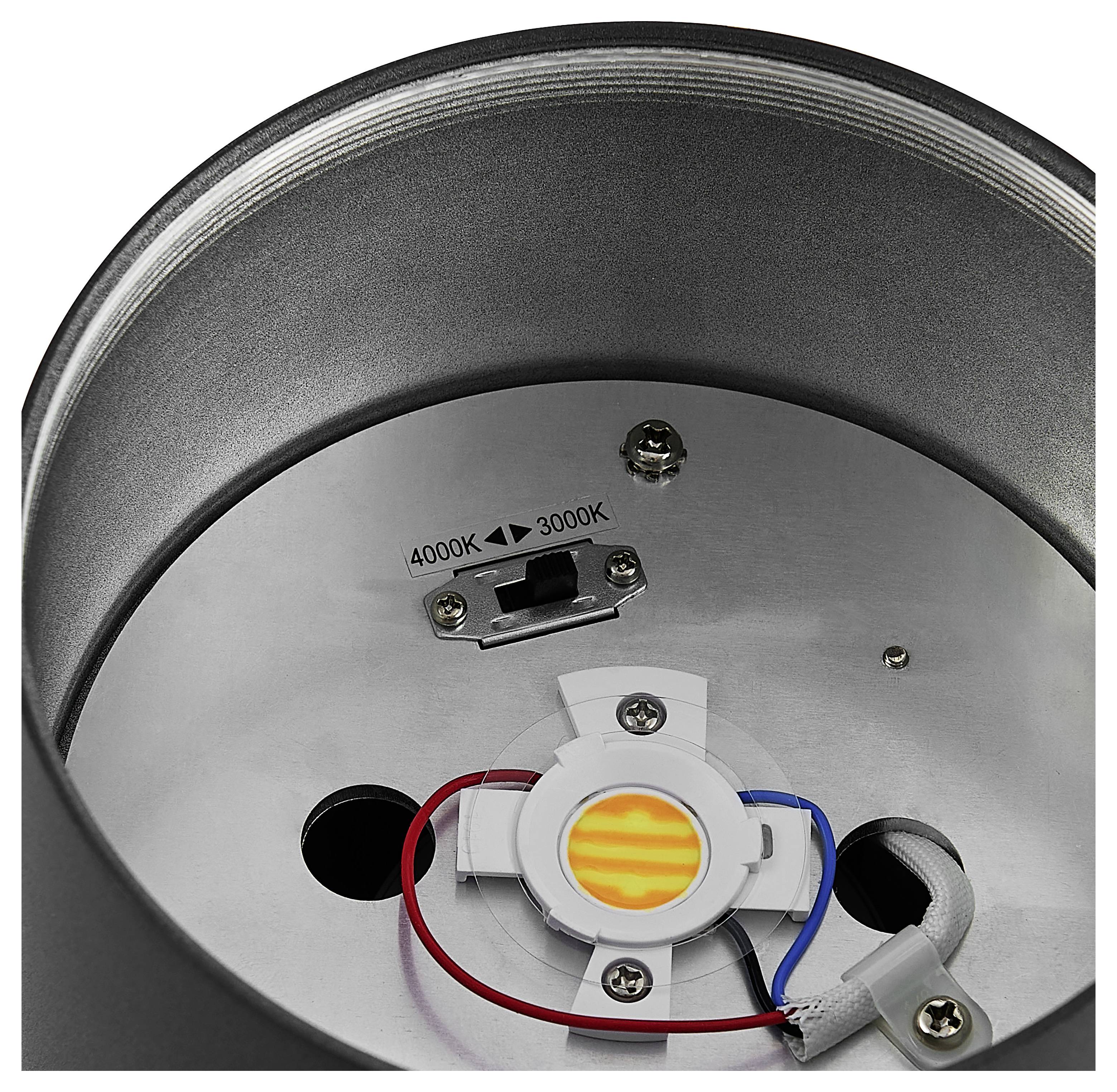 Nahaufnahme einer Deckenleuchte mit freiliegendem LED-Modul, Verkabelung und einem Farbtemperaturschalter 3000K/4000K.