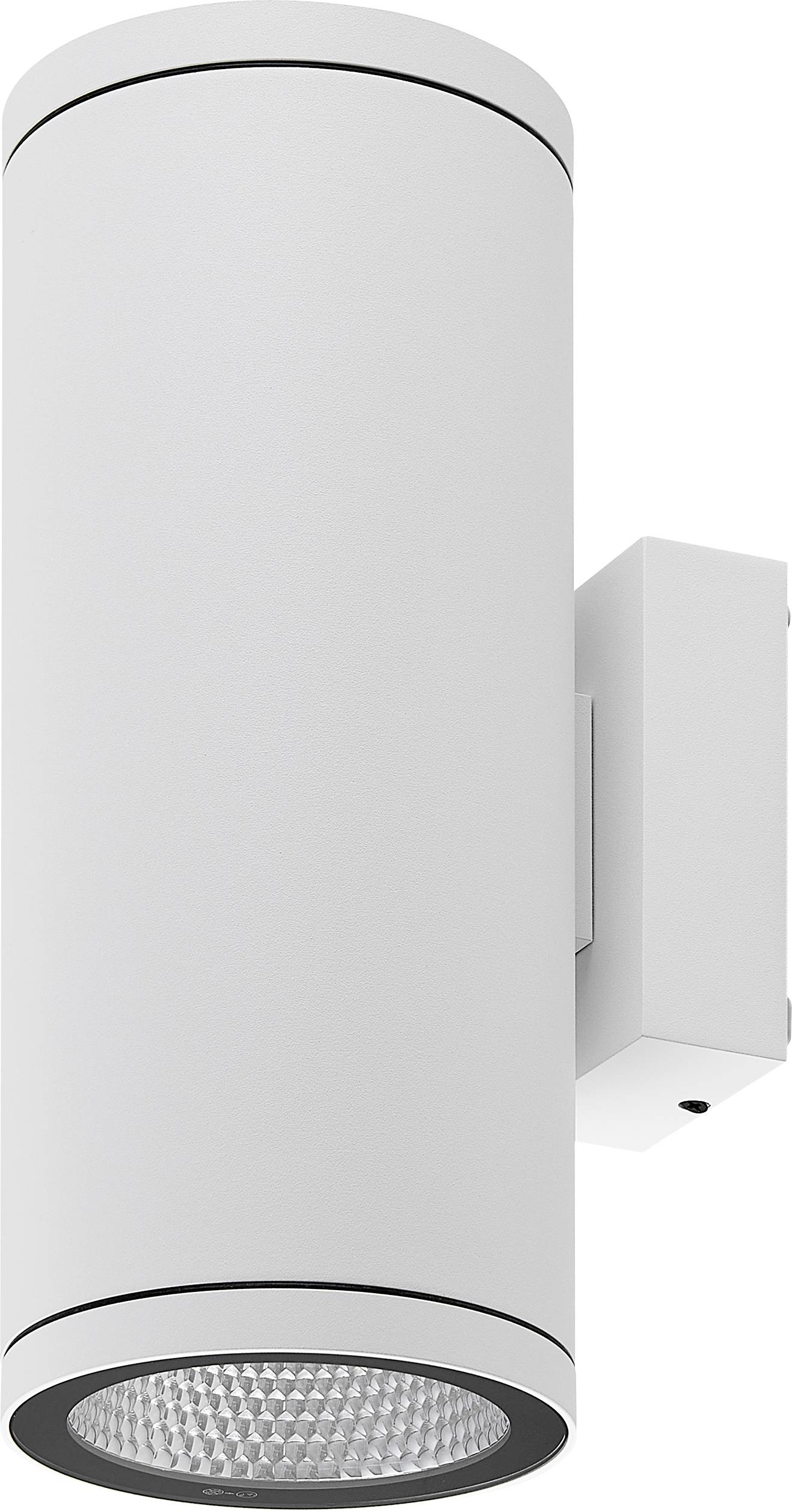 Weißer zylindrischer, an der Decke montierter Strahler mit strukturierter kreisförmiger Lichtlinse, in Seitenansicht auf weißem Hintergrund dargestellt.