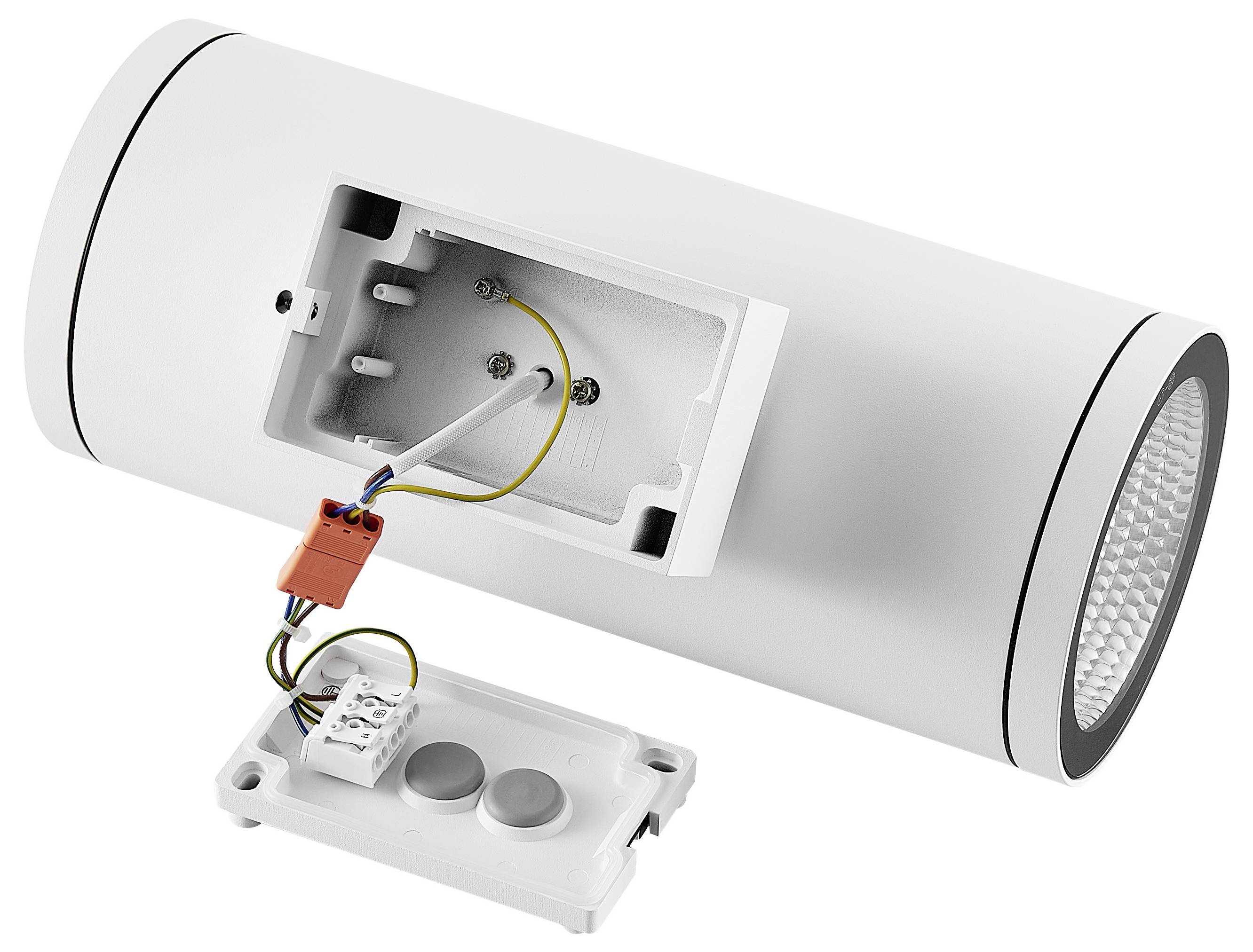 Offene zylindrische Wandleuchte mit freiliegender Verkabelung und abgelöster Montageplatte, zeigt internes Elektrofach und LED-Linsenende.
