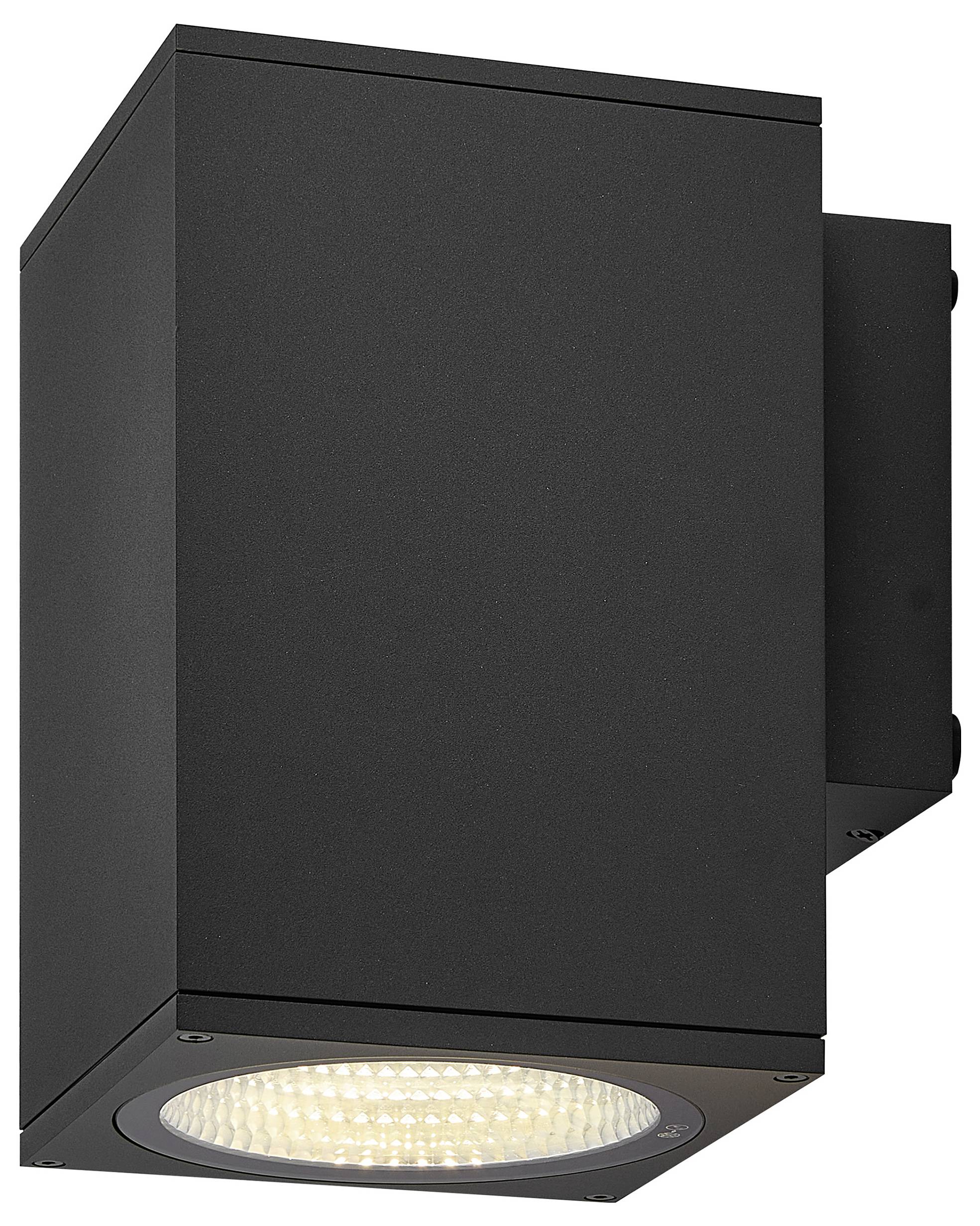 Schwarze, rechteckige, wandmontierte Außenleuchte mit nach unten gerichtetem LED-Leuchtmittel.