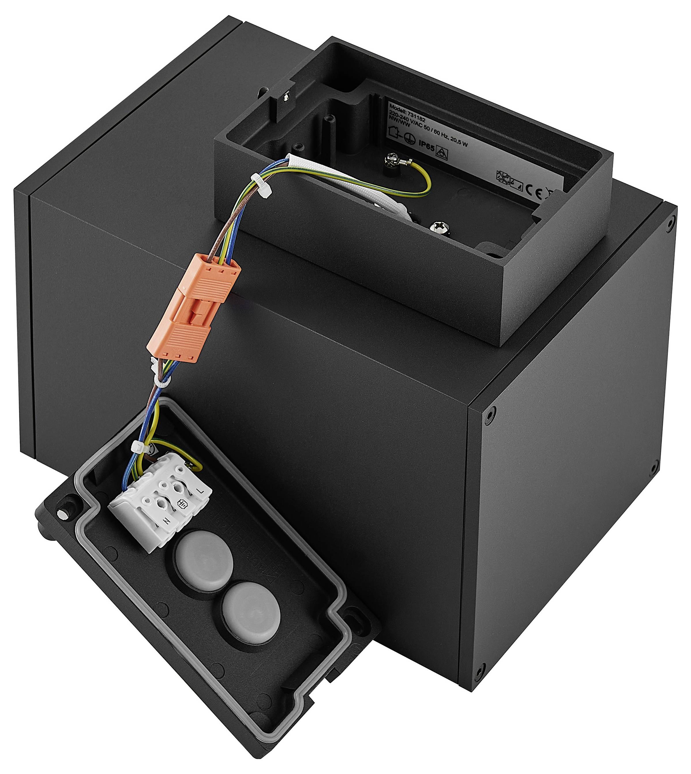 Schwarzes elektronisches Gehäuse mit offener Seitenabdeckung, freiliegender farbiger Verkabelung und Steckverbindern sowie zwei grauen kreisförmigen Schaltflächen oder Sensoren im Inneren.