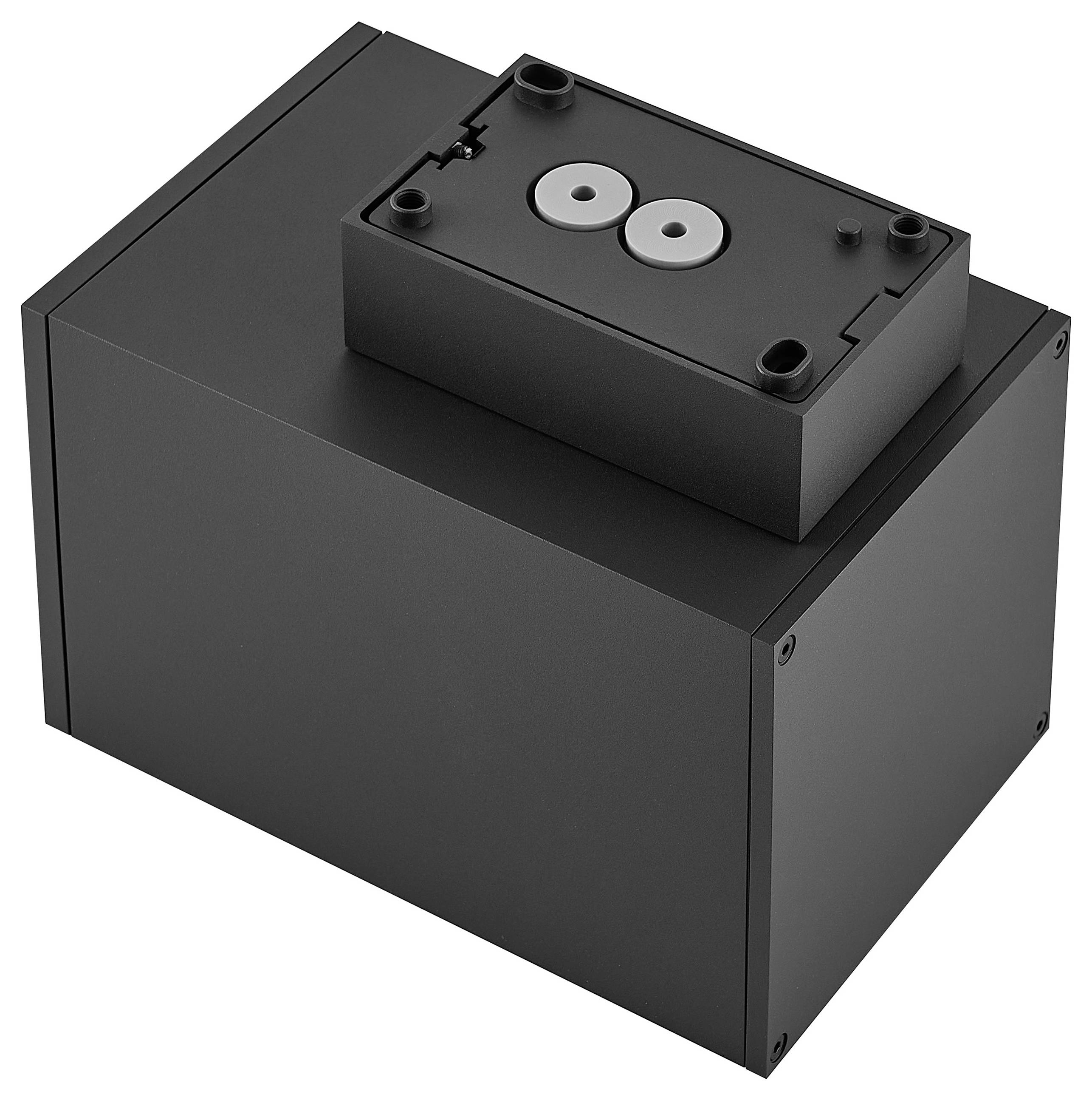 Schwarzes rechteckiges elektronisches Gerät mit einem kleineren oben angebrachten Modul und zwei kreisförmigen Anschlüssen, gezeigt auf weißem Hintergrund.