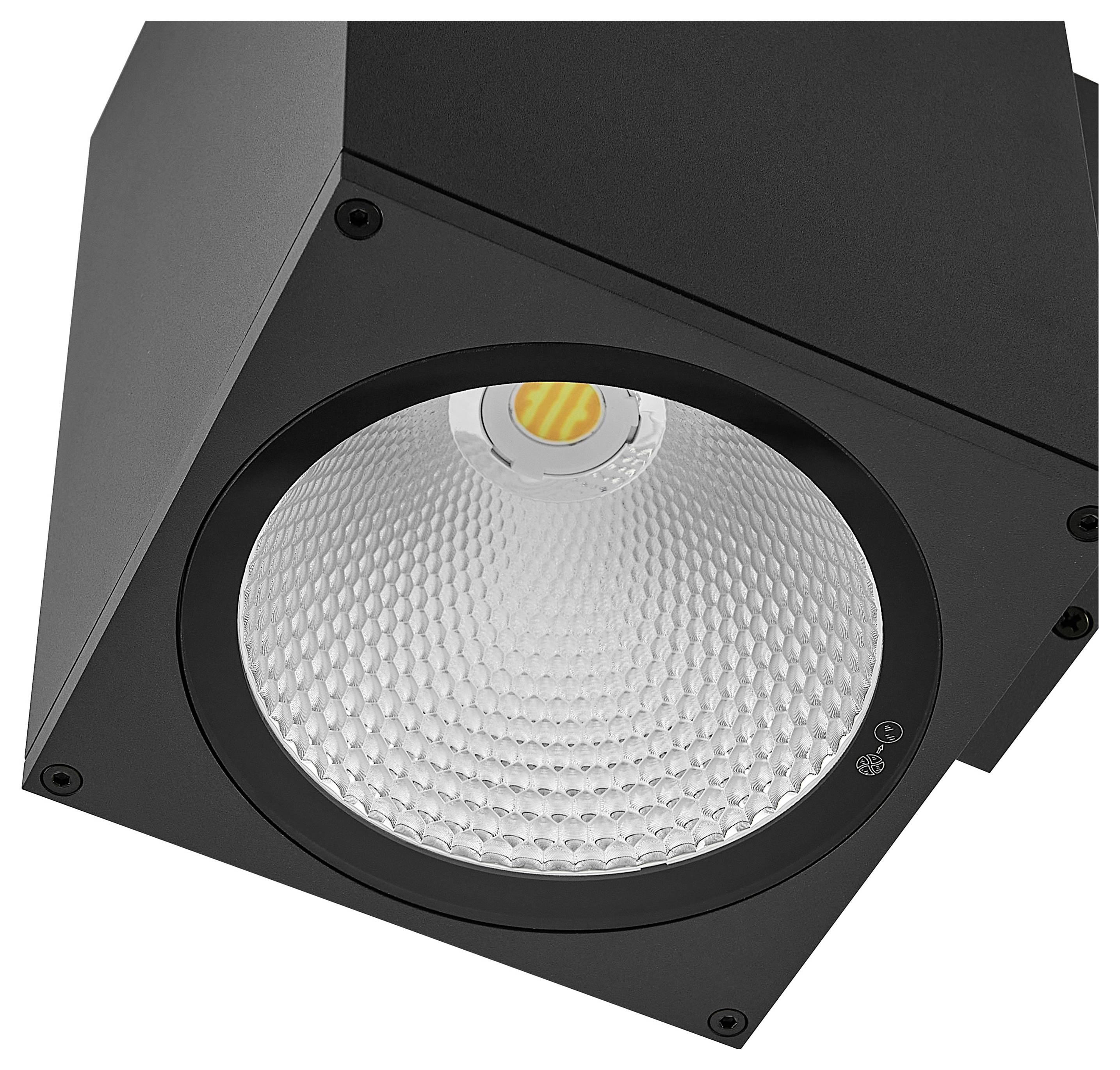 Schwarze quadratische LED-Deckenleuchte mit strukturiertem kreisförmigem Reflektor und zentraler Glühbirne, in Nahaufnahme vor weißem Hintergrund gezeigt.