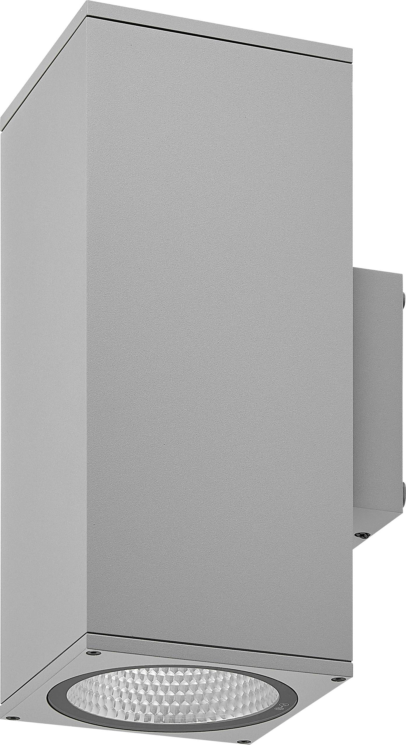 Wandmontierte Außenleuchte mit rechteckigem grauem Gehäuse und runder LED-Linse an der Unterseite.