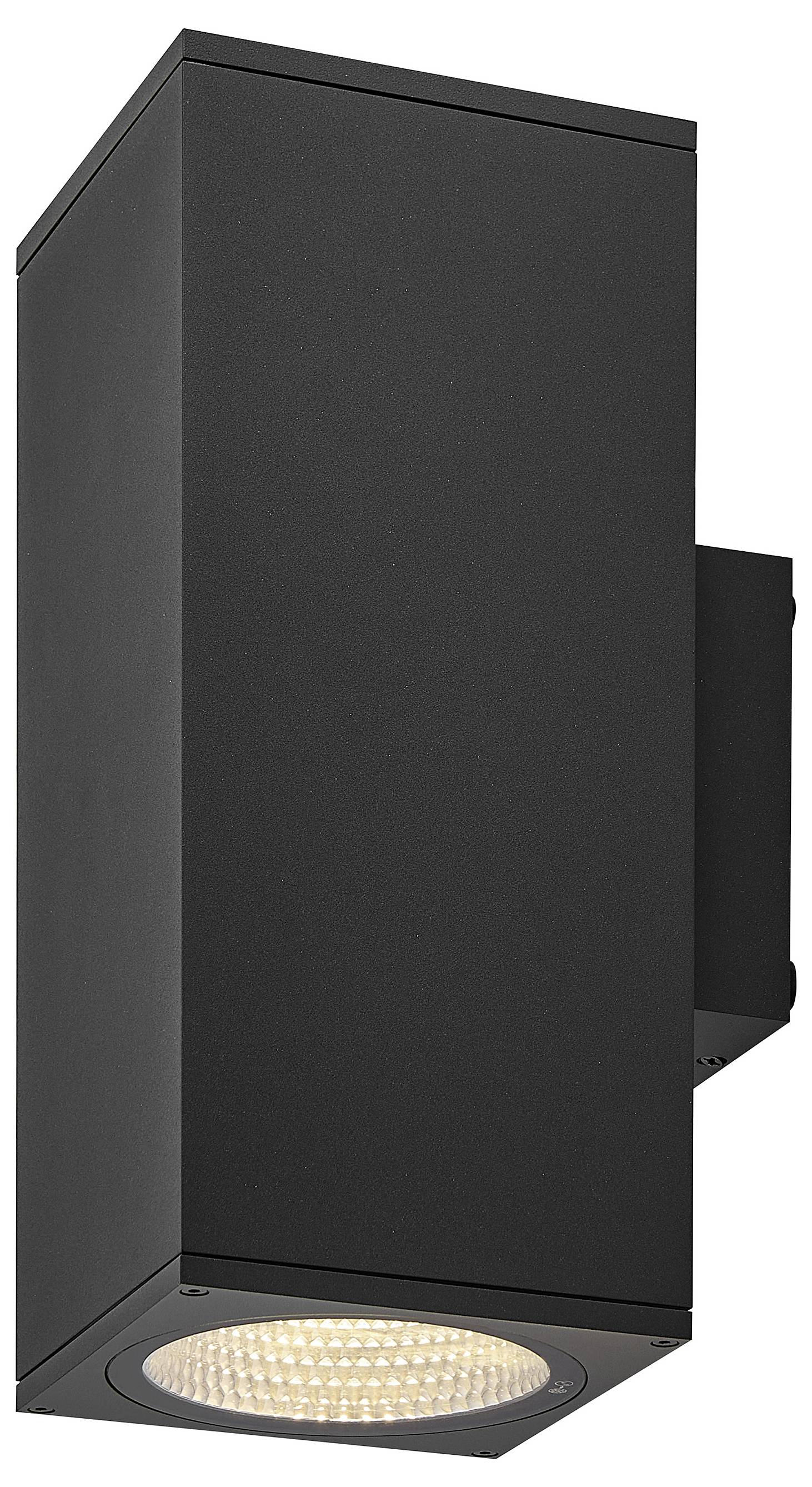 Schwarze rechteckige Außenwandleuchte mit nach unten gerichteter LED-Lampe.