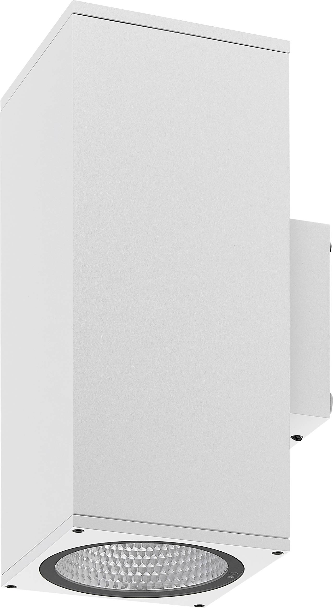 Weiße rechteckige Außenwandleuchte mit einem kreisförmigen LED-Panel auf der Unterseite.