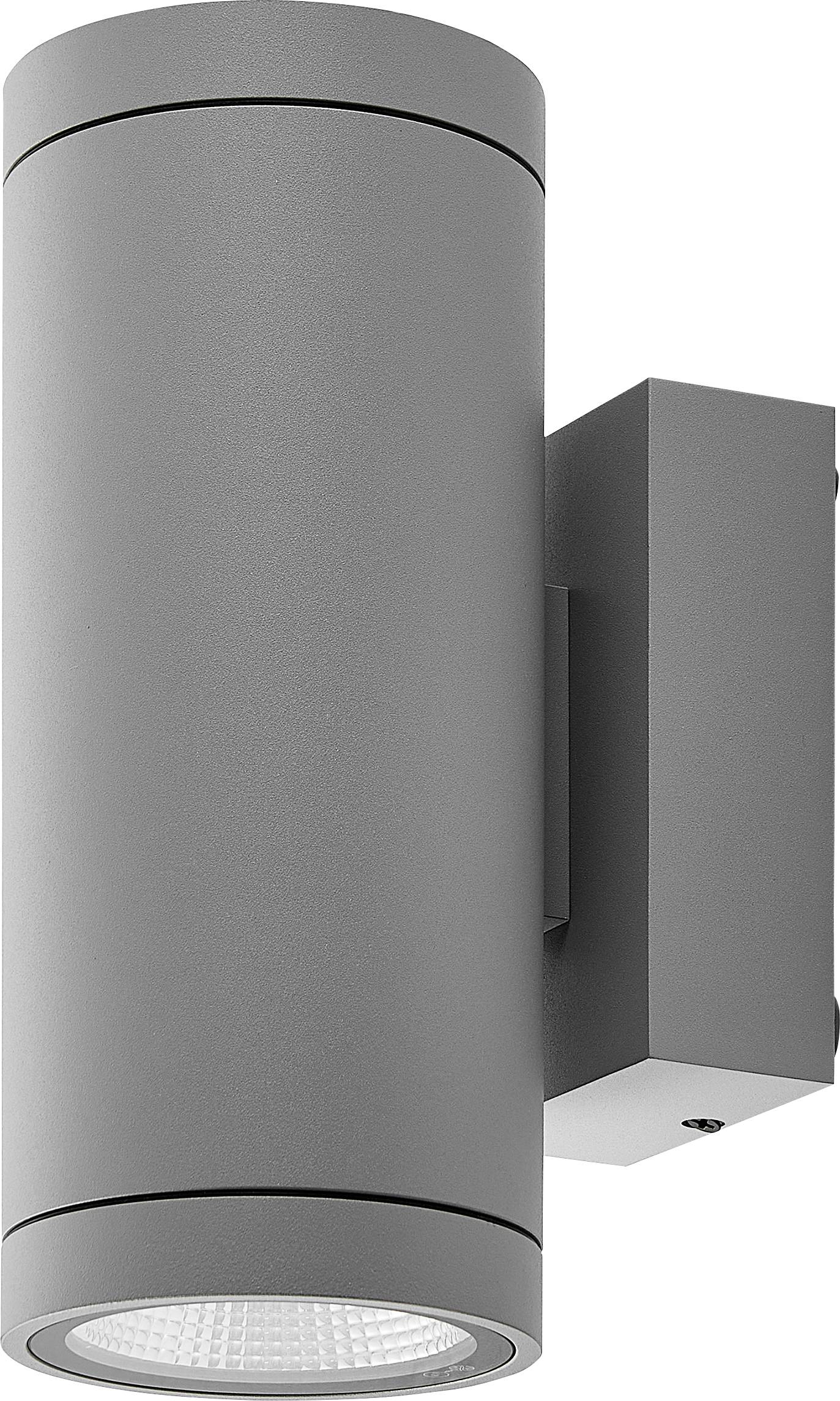 Graues zylindrisches, wandmontiertes Außenleuchtenfixtur mit Seitenhalterung und nach unten gerichteter Leuchte.