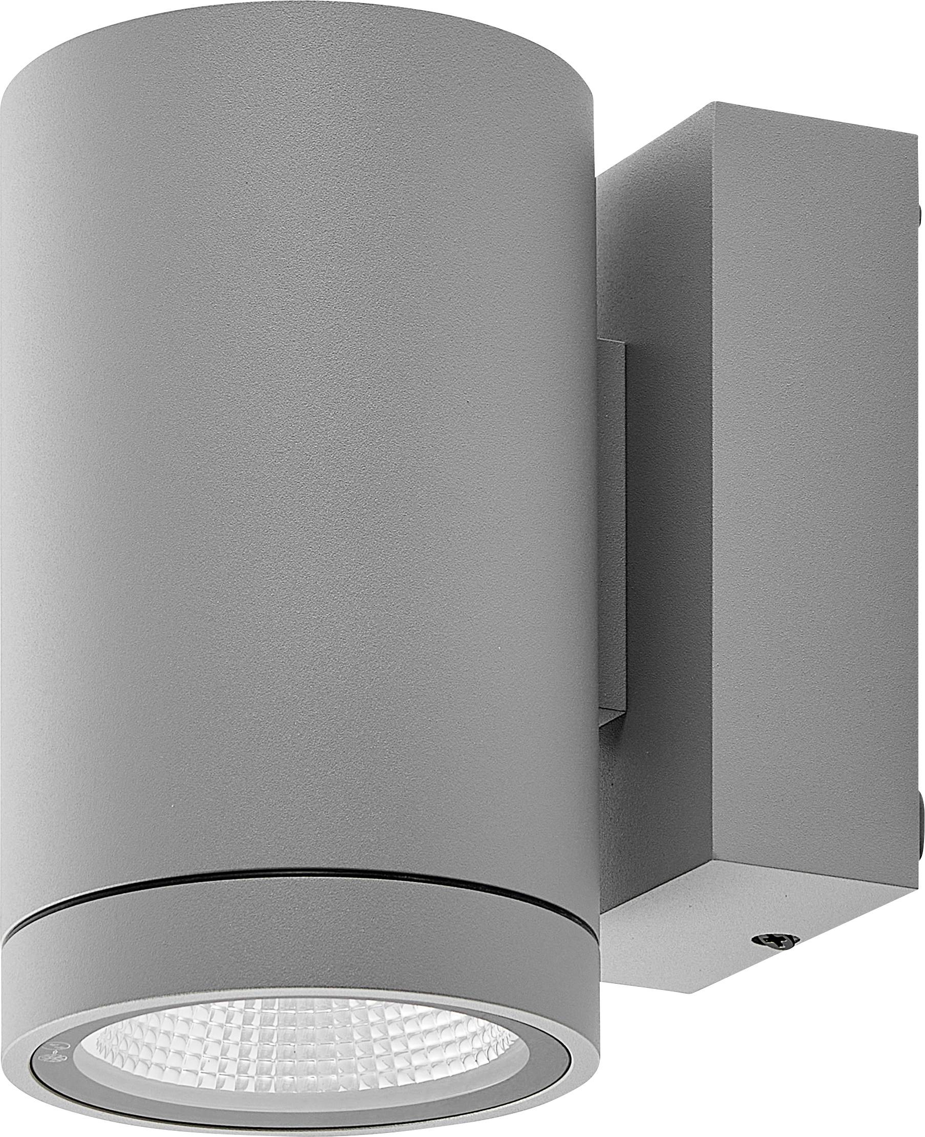Wandmontierte zylindrische Außenleuchte mit nach unten gerichteter Lampe und rechteckiger Rückplatte in Grau.