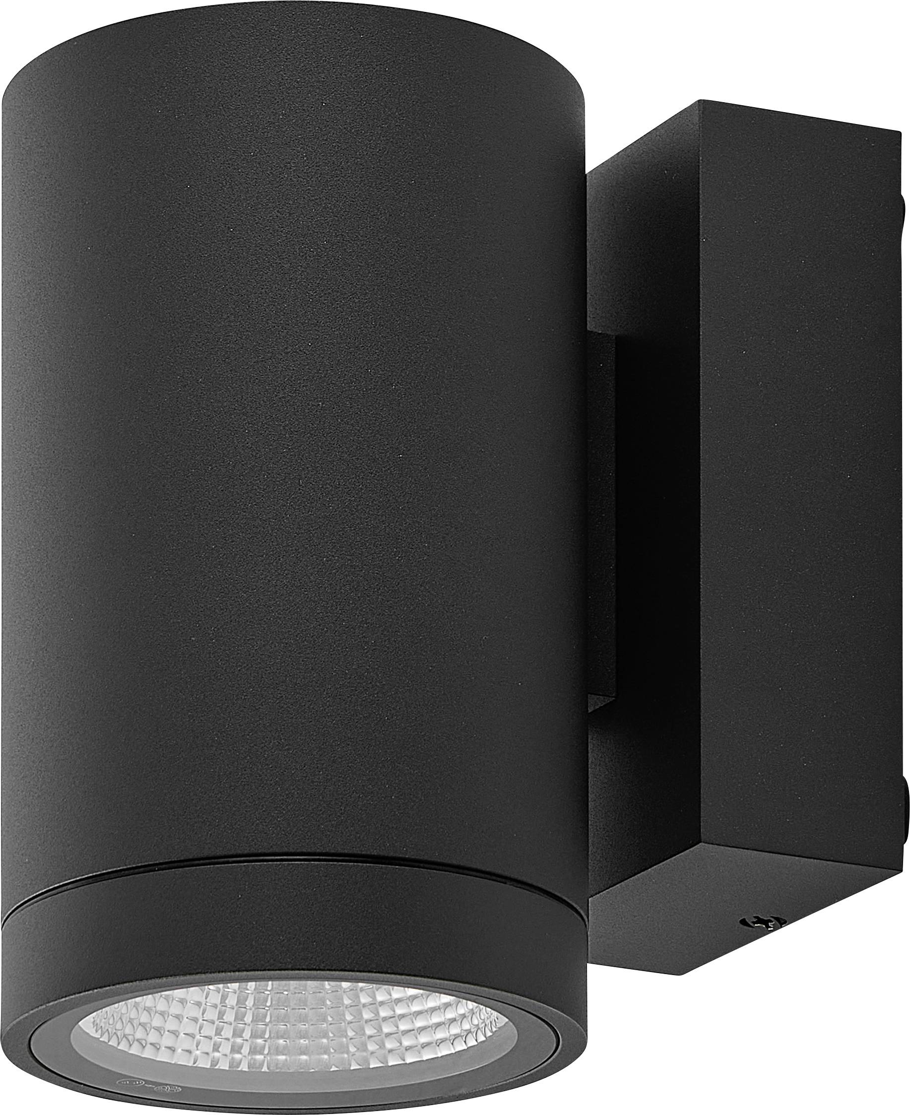 Schwarze zylindrische, wandmontierte Außenleuchte mit nach unten gerichteter LED-Linse und rechteckiger Rückplatte.