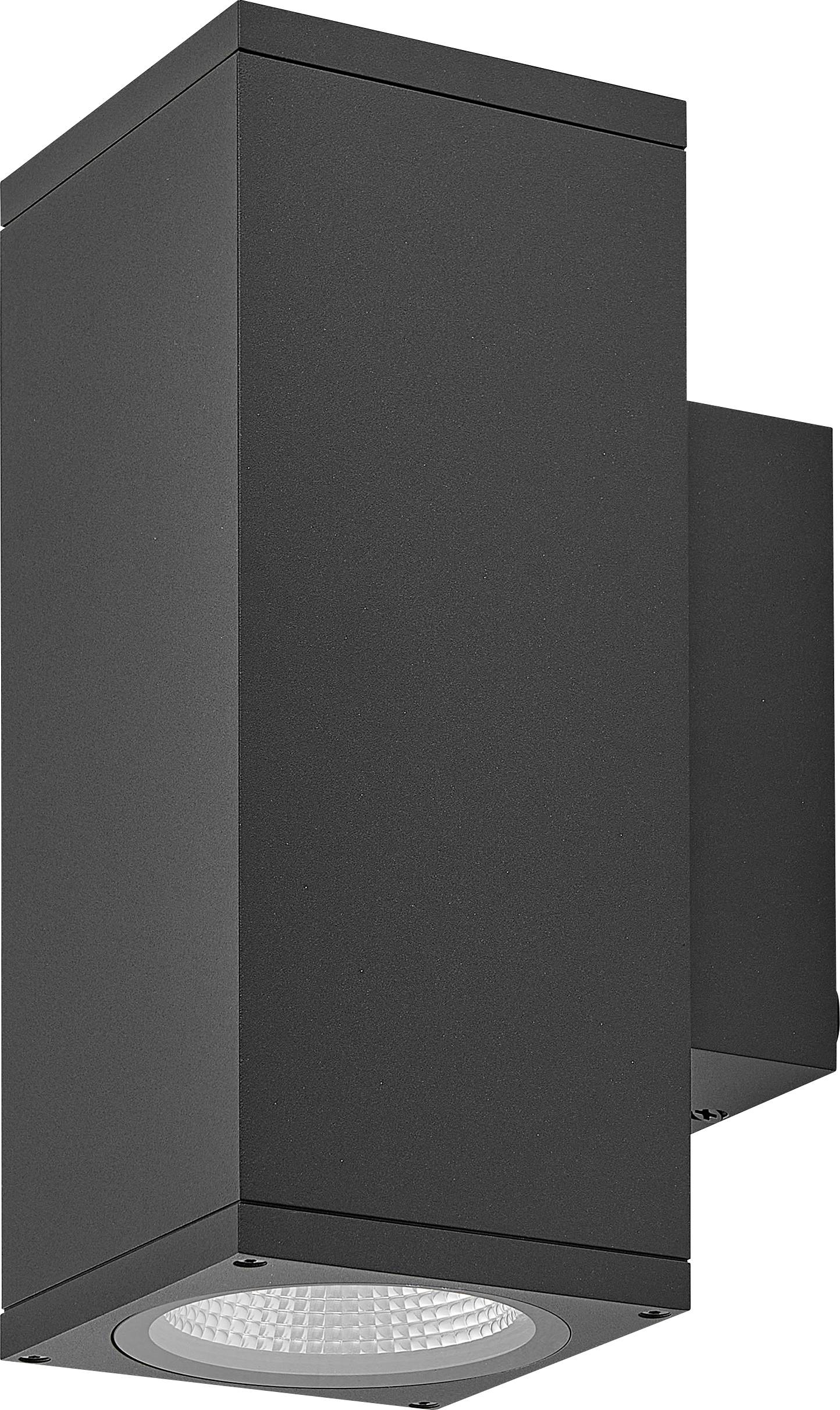 Schwarze, rechteckige, wandmontierte Außenleuchte mit einer runden LED-Lampe auf der Unterseite.