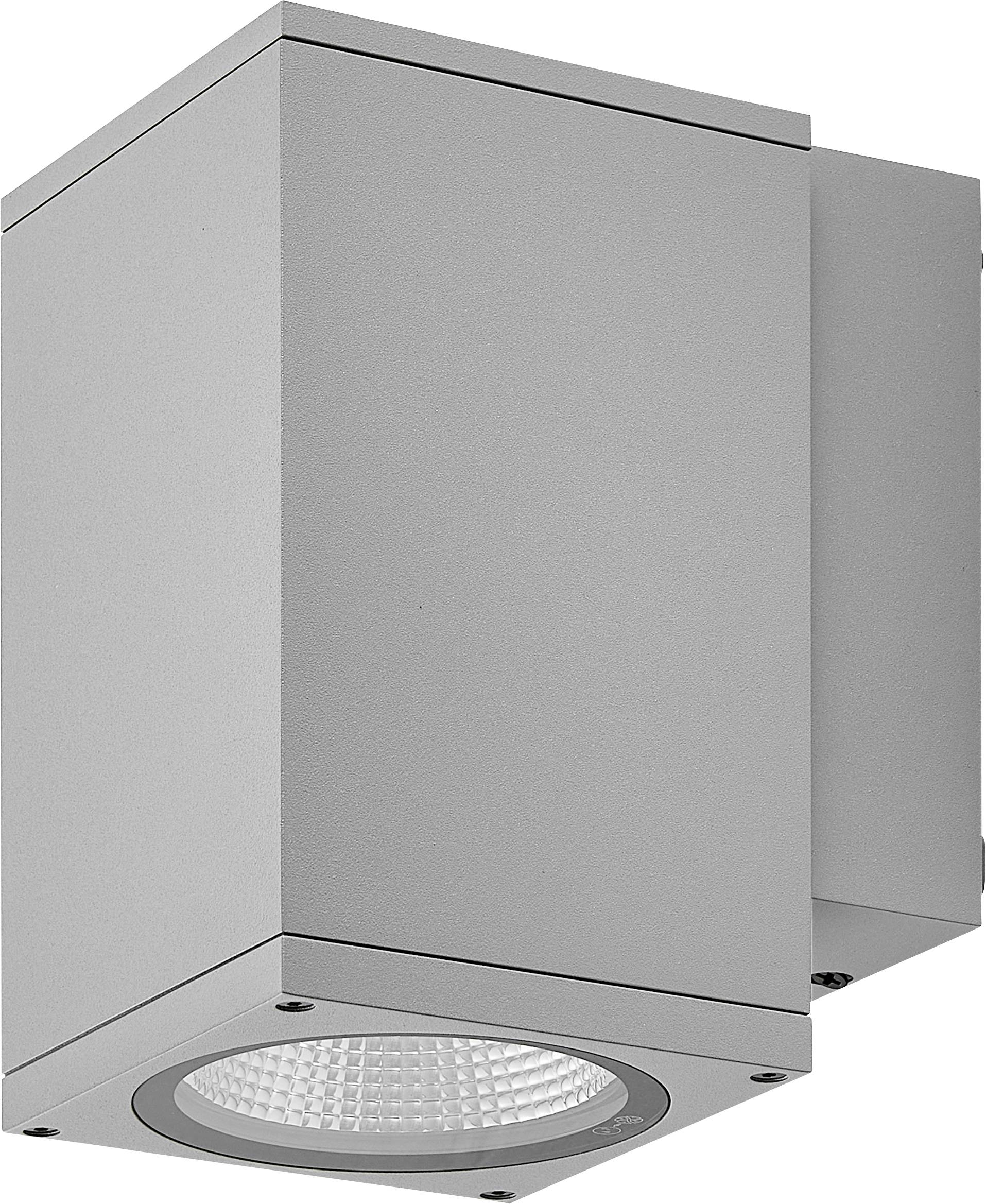 Graues quadratisches eingelassenes Deckenleuchtengehäuse mit kreisförmiger LED-Einbauleuchte.