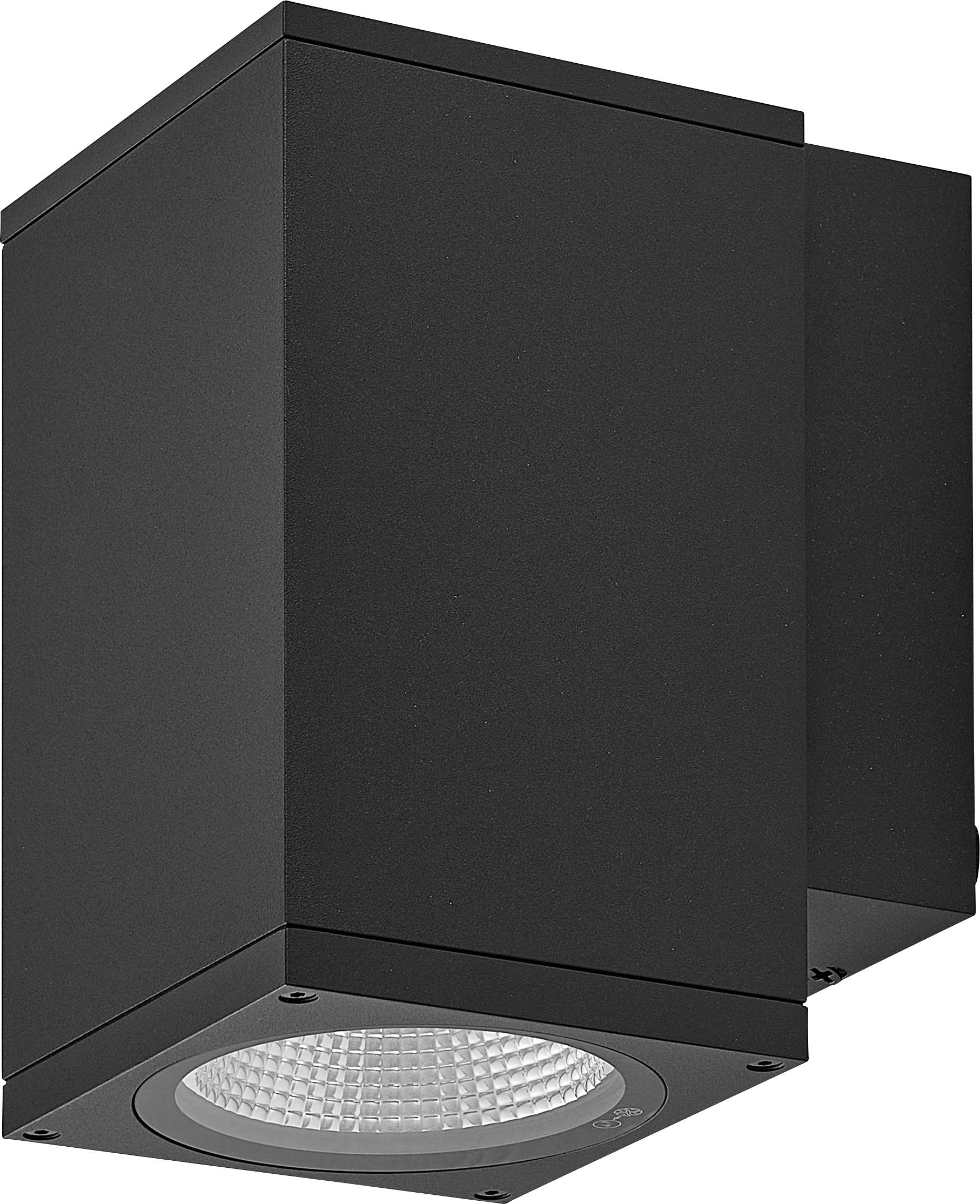 Schwarze rechteckige Außenwandleuchte mit eingelassener kreisförmiger LED-Downlight darunter