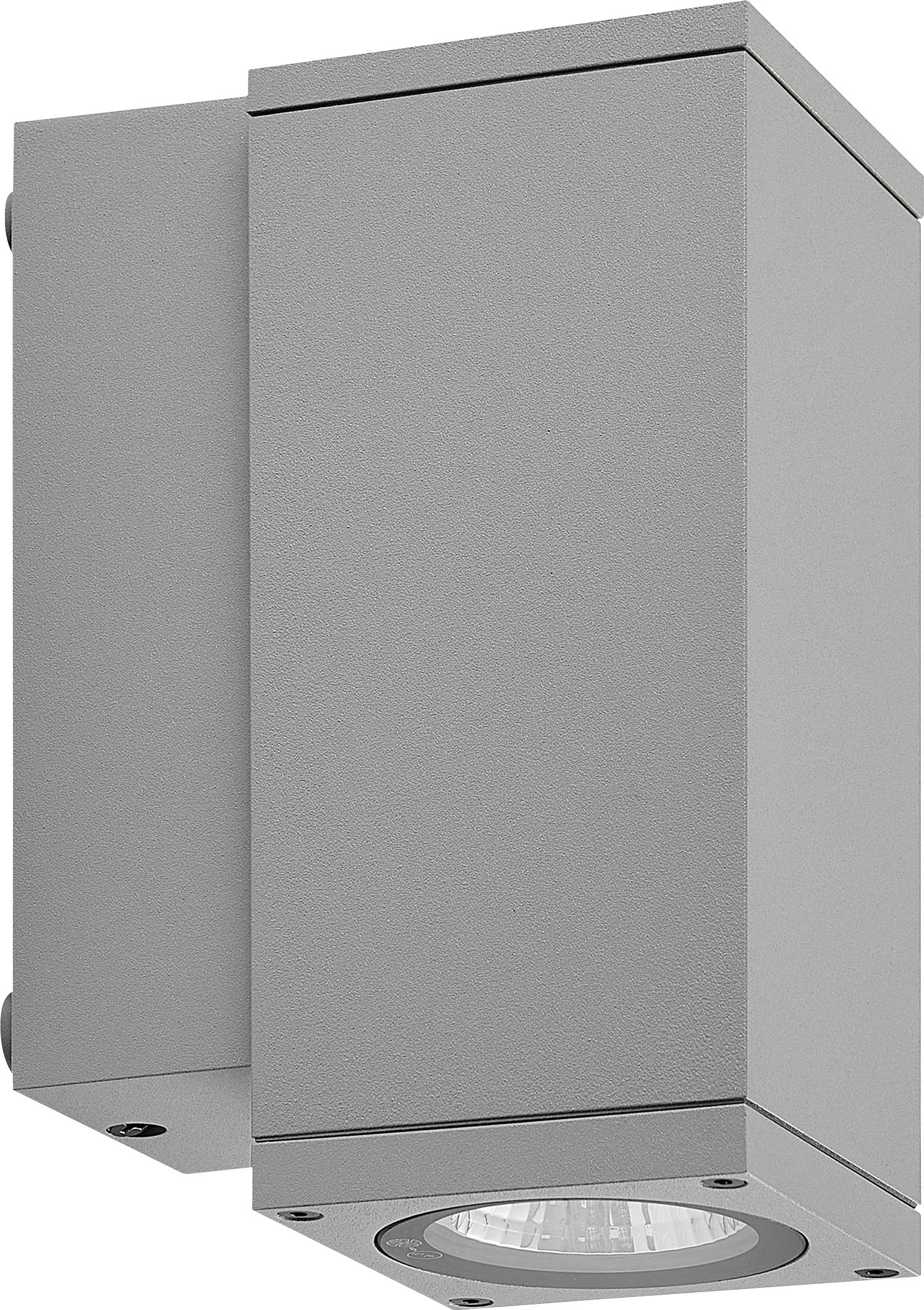 Wandmontierte graue Außenleuchte mit rechteckigem Gehäuse und rundem Downlight-Objektiv darunter.
