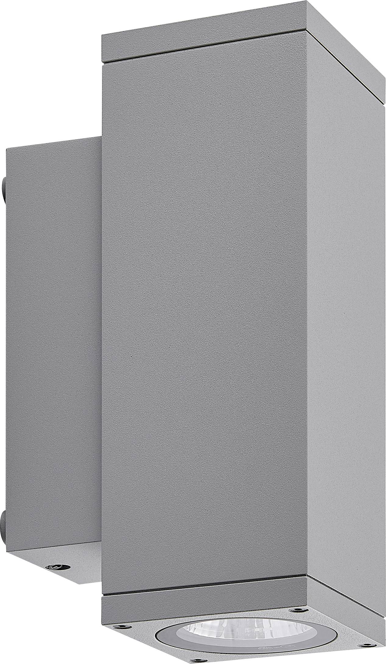 Graue rechteckige Außenwandleuchte mit runder Downlight-Linse auf der Unterseite