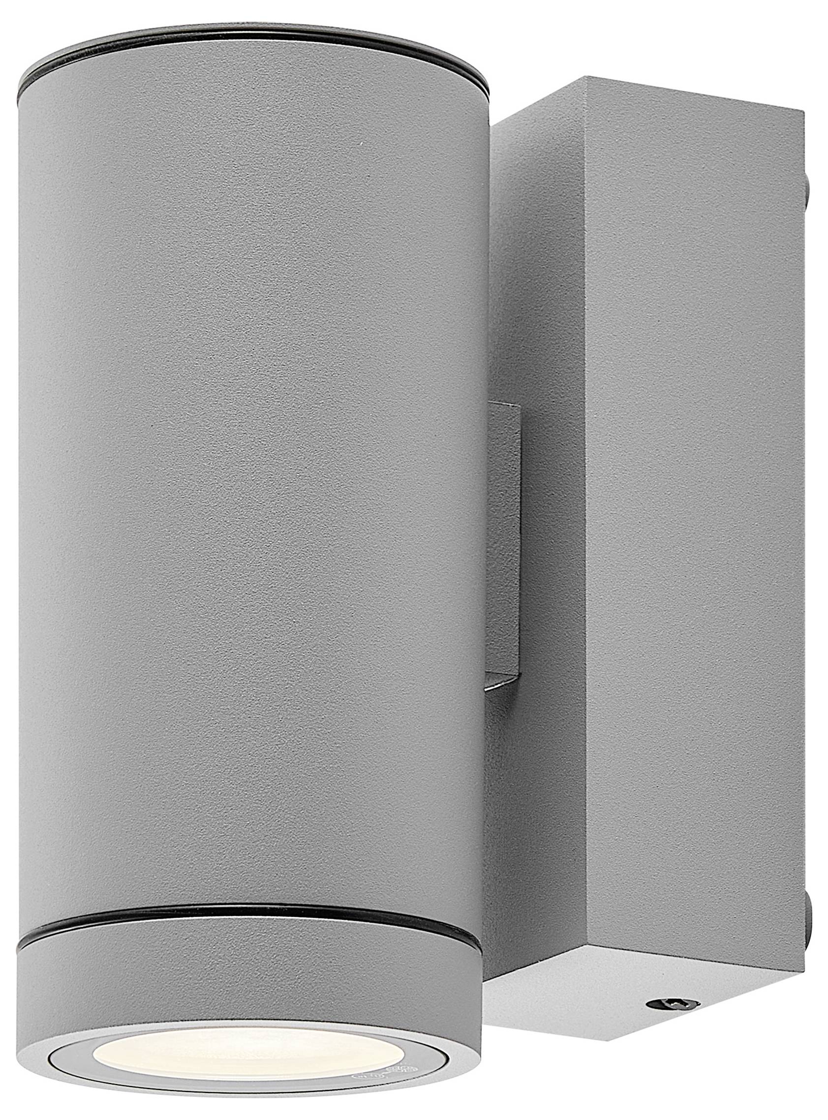 Weiße zylindrische Schienenleuchte an einer Deckenleiste montiert, gewinkelt um einen hellen Strahl auf die Wand zu werfen.