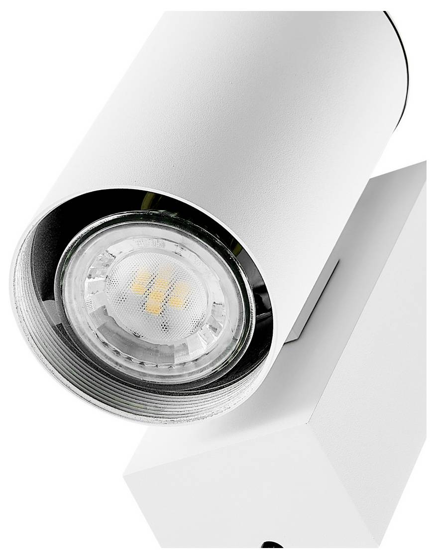 Weiß verstellbarer wandmontierter Scheinwerfer mit einer runden LED-Birne in einem zylindrischen Gehäuse, in Nahaufnahme auf weißem Hintergrund dargestellt.