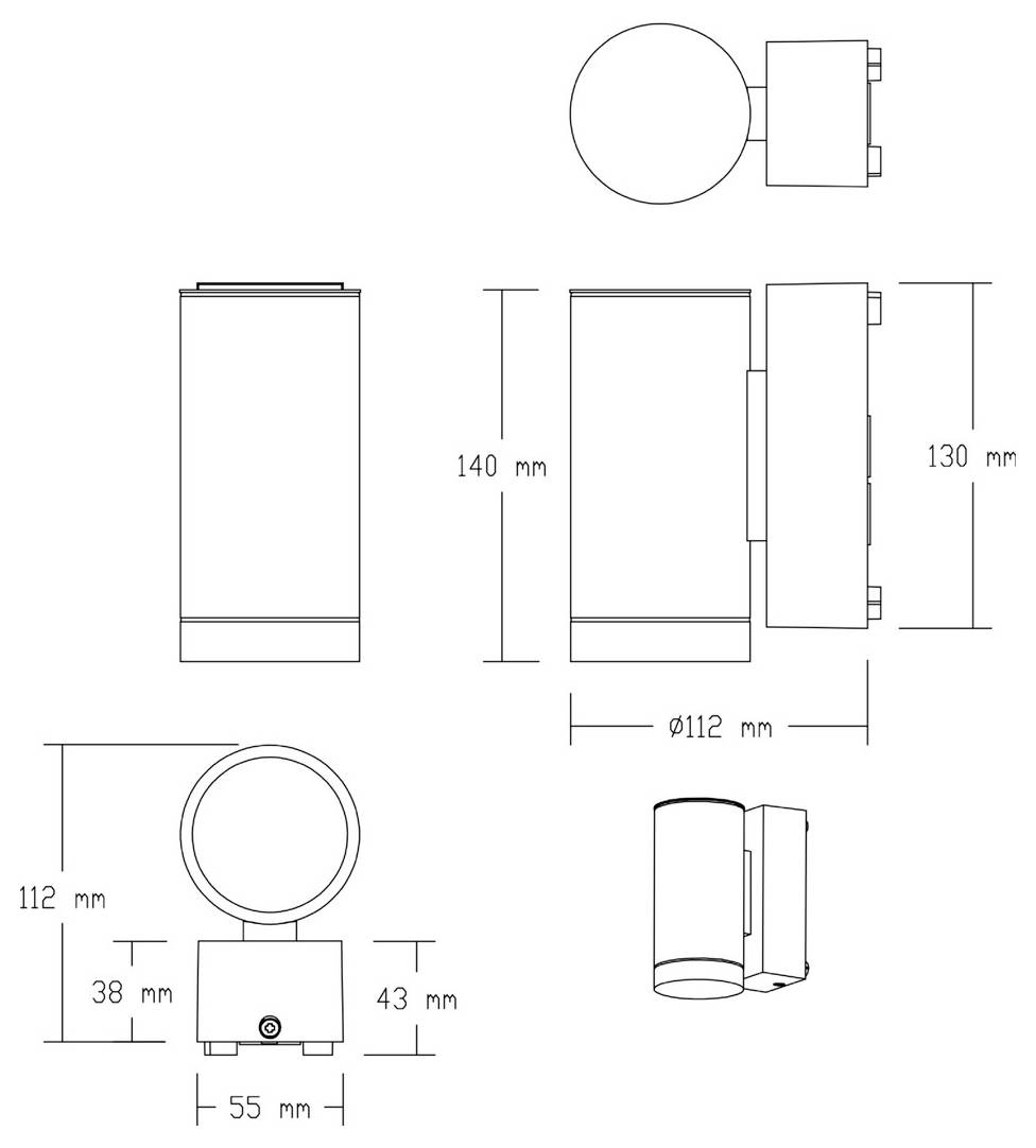 Technische Maßzeichnung eines zylindrischen Geräts in Vorder-, Seiten-, Draufsicht und perspektivischer Ansicht dargestellt, beschriftet mit Abmessungen von 140 mm, 130 mm, 112 mm, 55 mm, 43 mm und 38 mm.