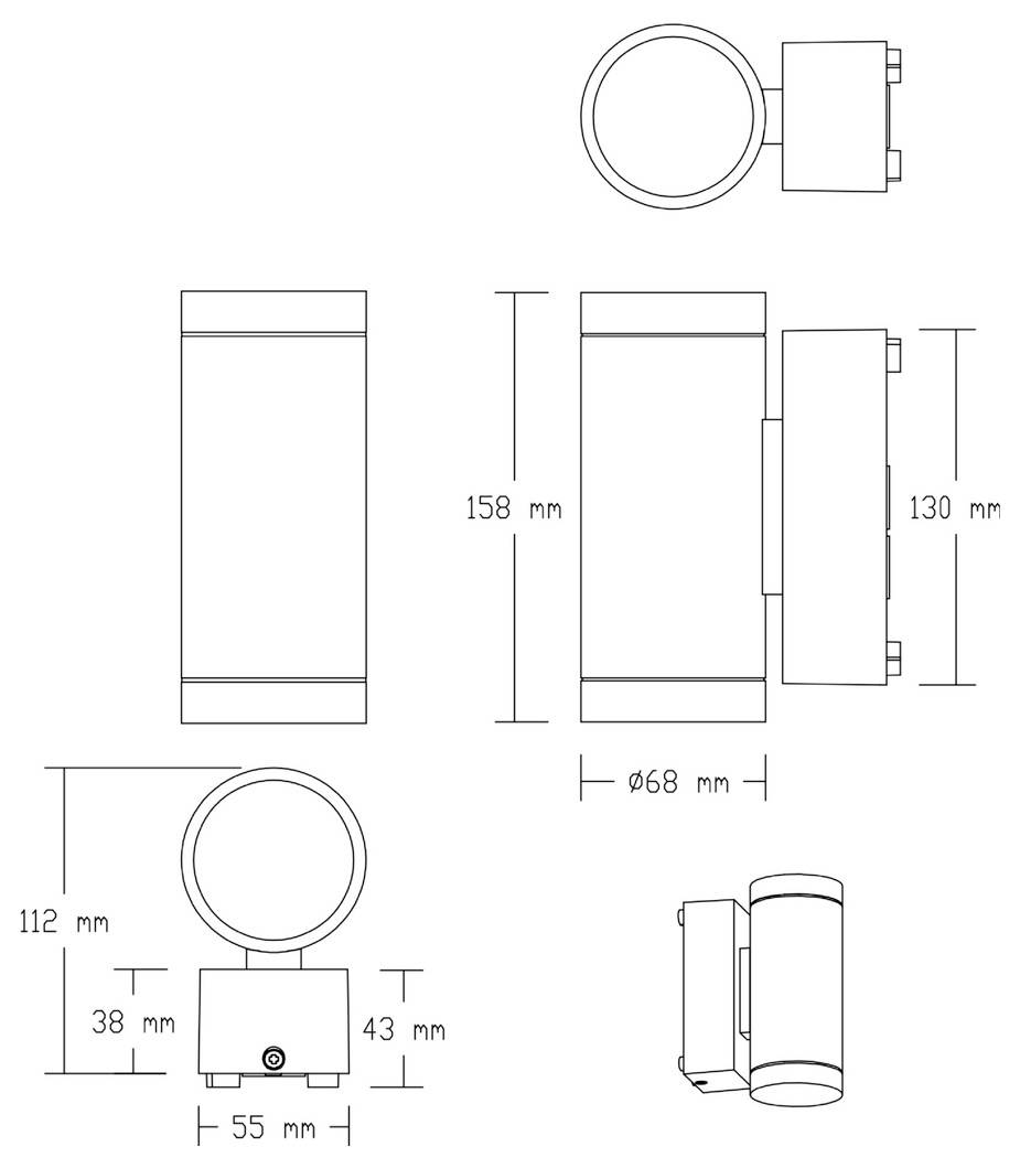 Technische Zeichnung einer zylindrischen Leuchte mit Vorder-, Seiten- und Draufsicht mit beschrifteten Maßen 158 mm, 130 mm, 112 mm, 55 mm, 43 mm, 38 mm und Durchmesser 68 mm.