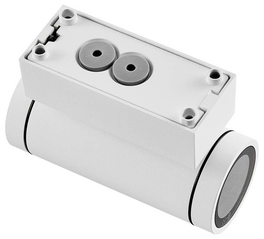 Weißes zylindrisches Industrie-Sensor- oder Aktor-Modul mit rechteckigem oberen Gehäuse und zwei runden Anschlüssen, dargestellt vor weißem Hintergrund.