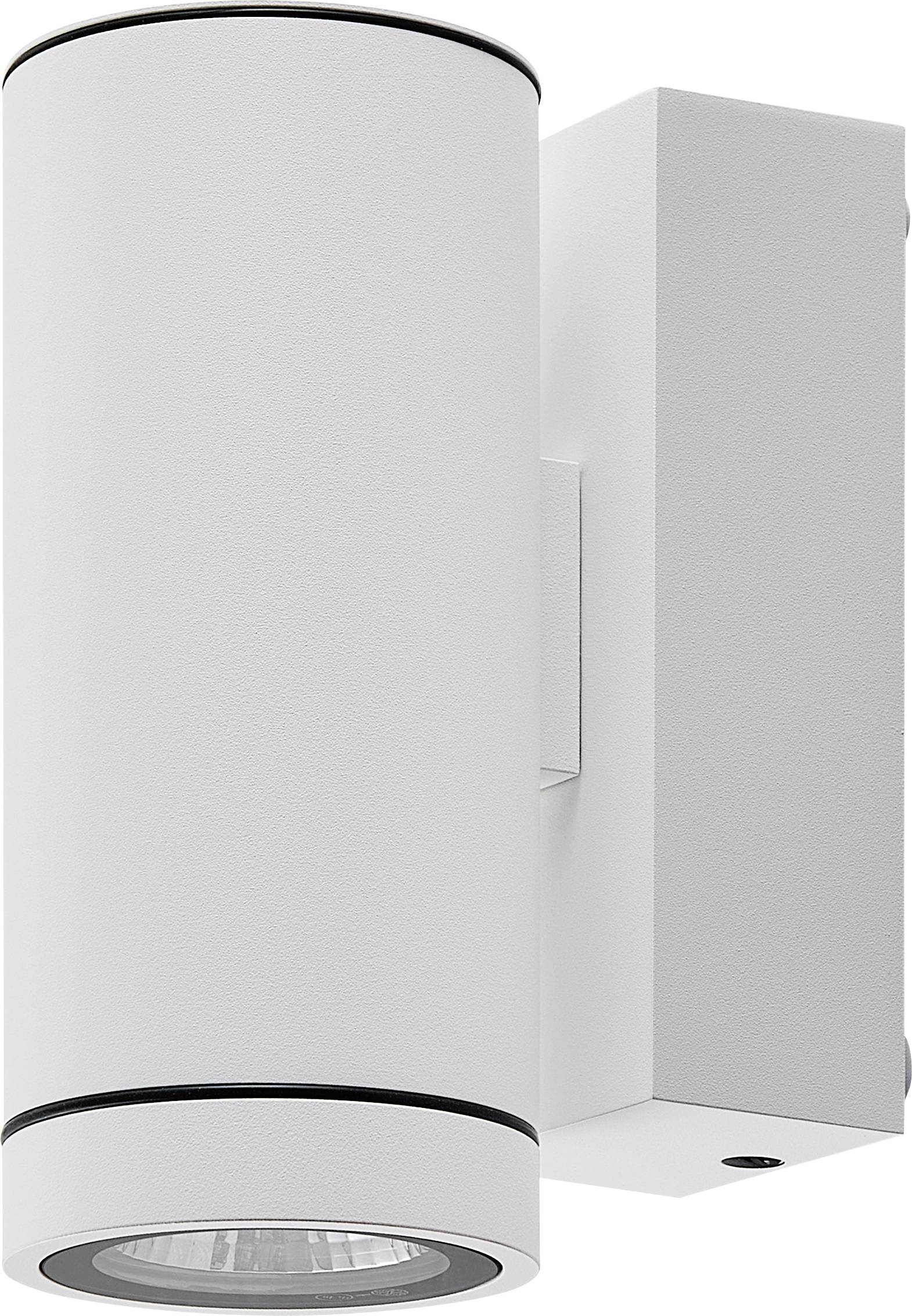 Ein weiß zylindrischer an der Wand montierter Scheinwerfer mit einer verstellbaren rechteckigen Rückplatte, gezeigt auf einem einfachen Hintergrund.