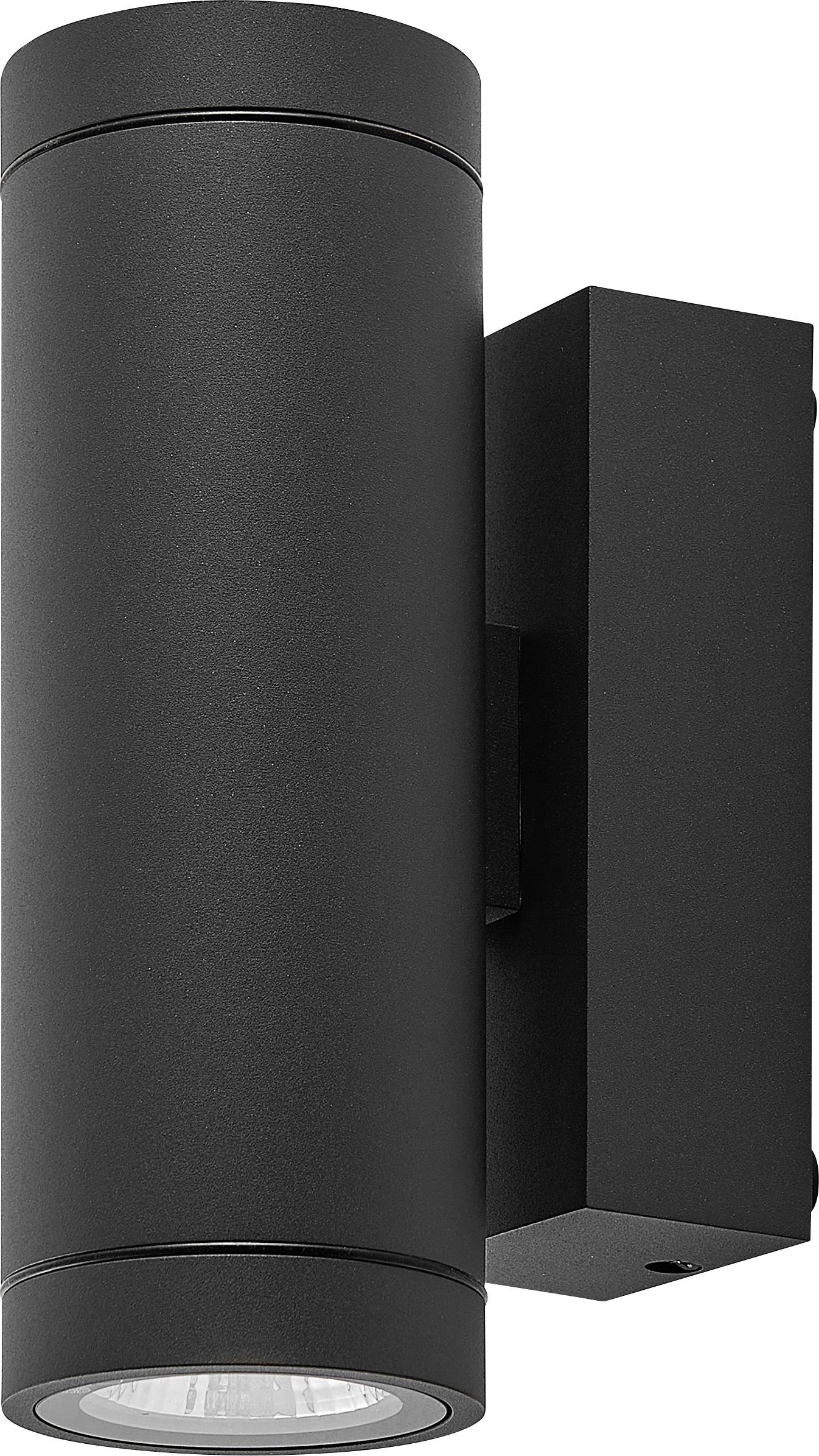 Schwarze zylindrische wandmontierte Leuchte mit rechteckiger Seitenkonsole und versenkte Lampenöffnung.