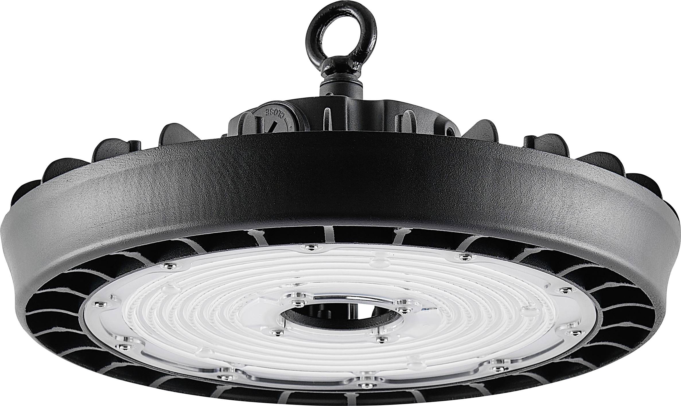 Schwarzte industrielle LED-Hallenleucht mit Aufhängeschleife und kreisförmiger weißer Linse, vor weißem Hintergrund dargestellt.