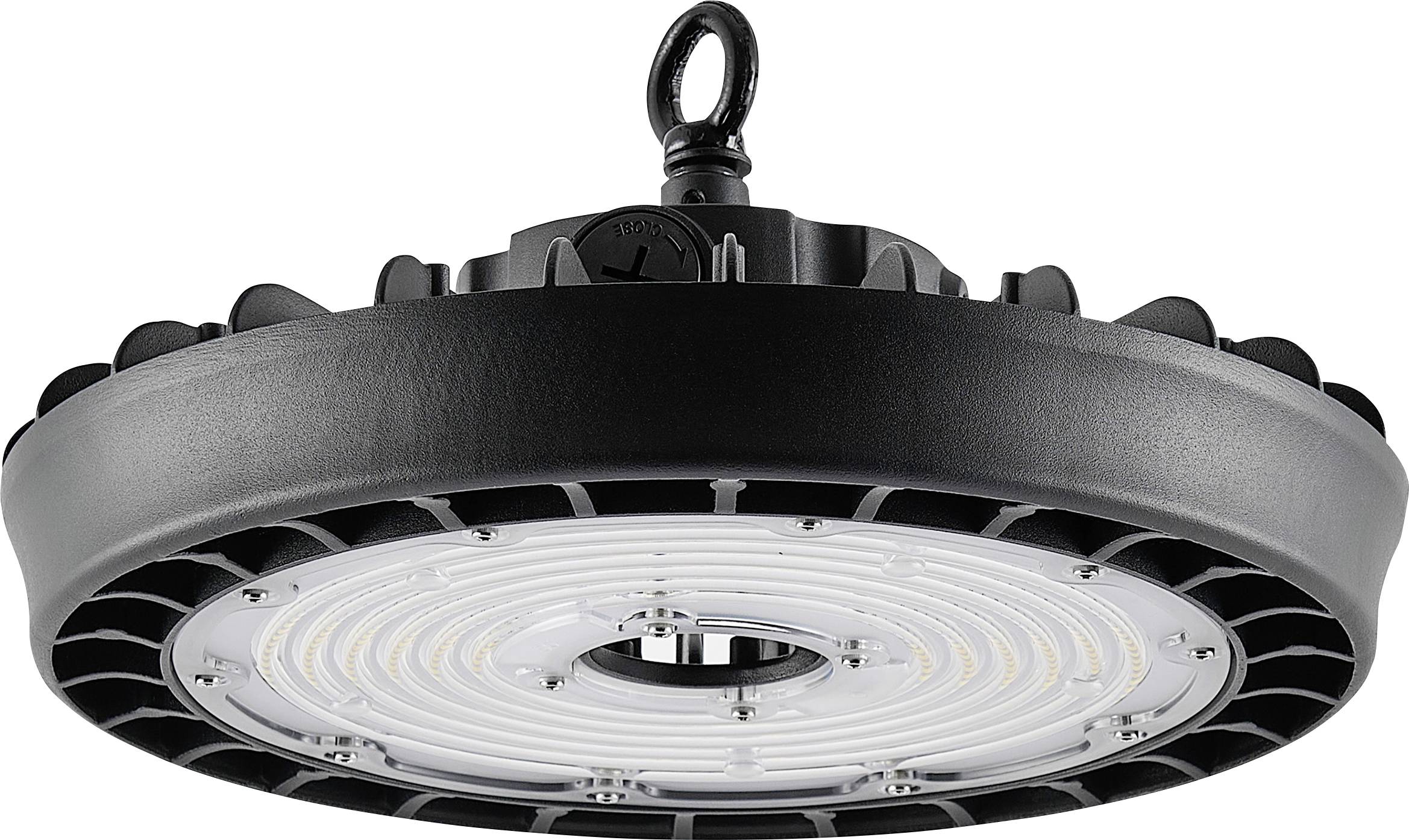 Schwarzte industrielle Hängeleuchte mit LED-Hochleuchten, von unten betrachtet, mit kreisförmigen Lamellen und zentraler Linseneinheit.