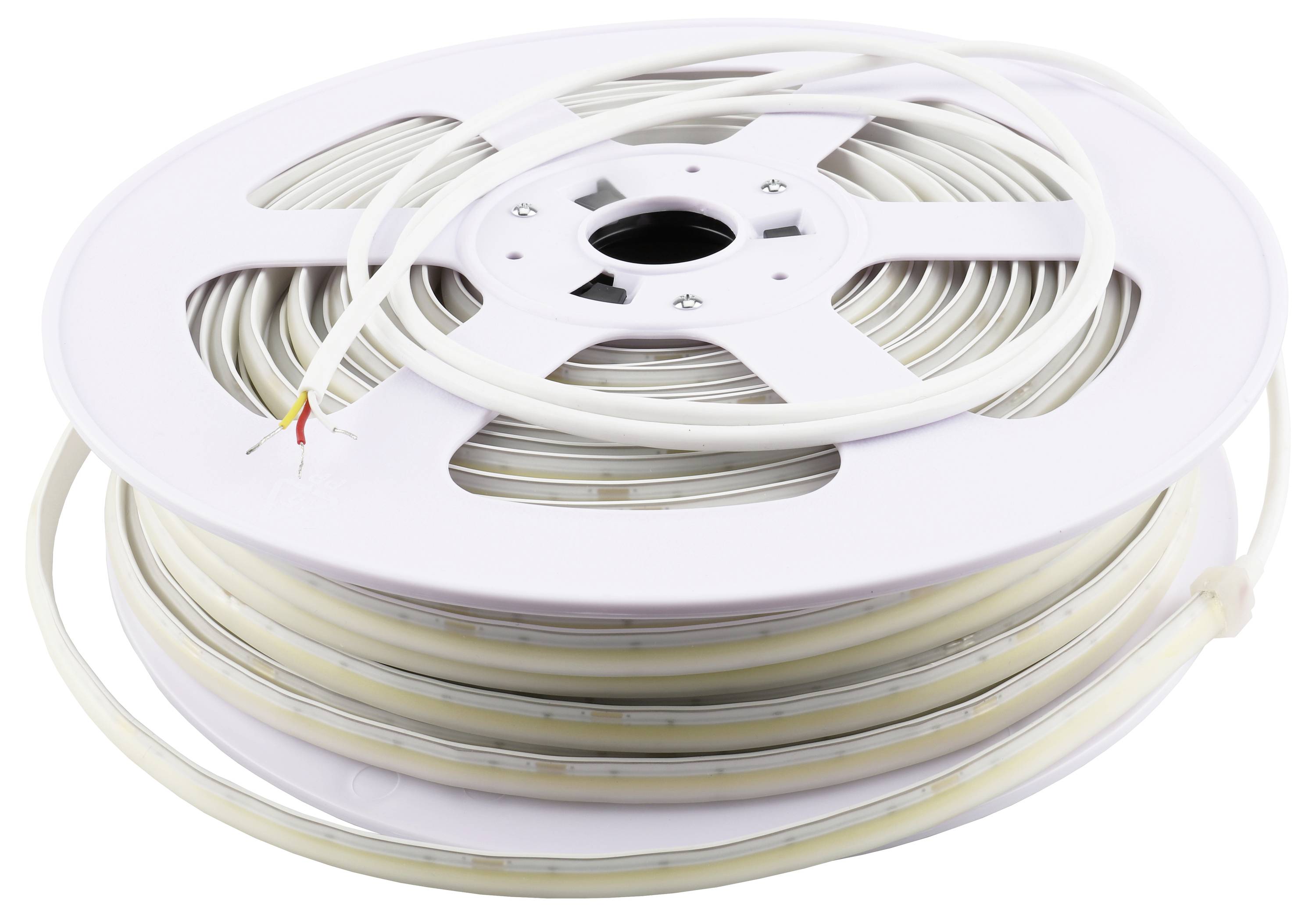 Aufgerollter weißer LED-Streifenlichter auf einer Rolle, zeigt einen flexiblen Beleuchtungsstreifen, der zum Lagern oder Installieren aufgewickelt ist.
