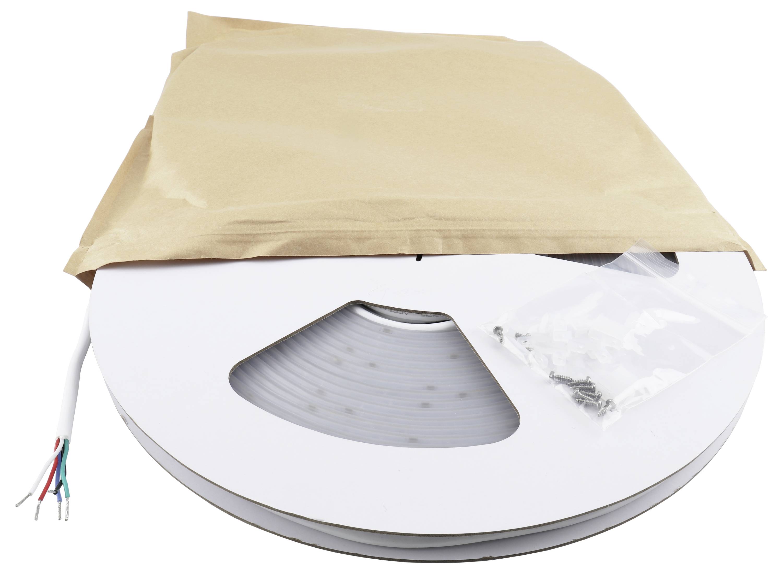 Rolle mit weißen LED-Streifenleuchten mit losen Drahtenden und einer kleinen Tasche mit Befestigungsclips, teilweise von einer Schutzpapierhülle bedeckt.