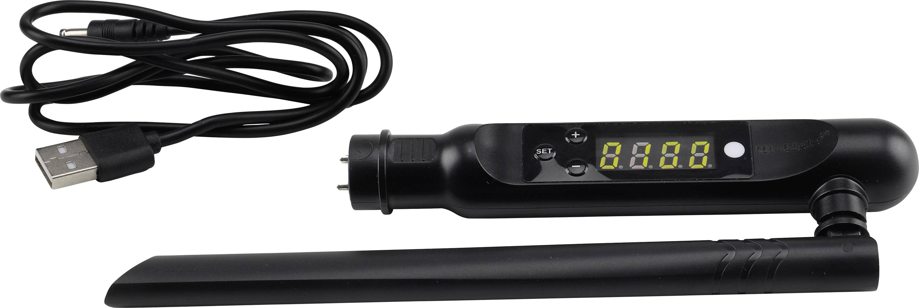 Schwarzes USB-betriebenes UV-Lampen-Set mit Stromkabel und digitaler Anzeige, die 8888 anzeigt, plus langer Lampenschlauch, der an der Haupteinheit befestigt ist.