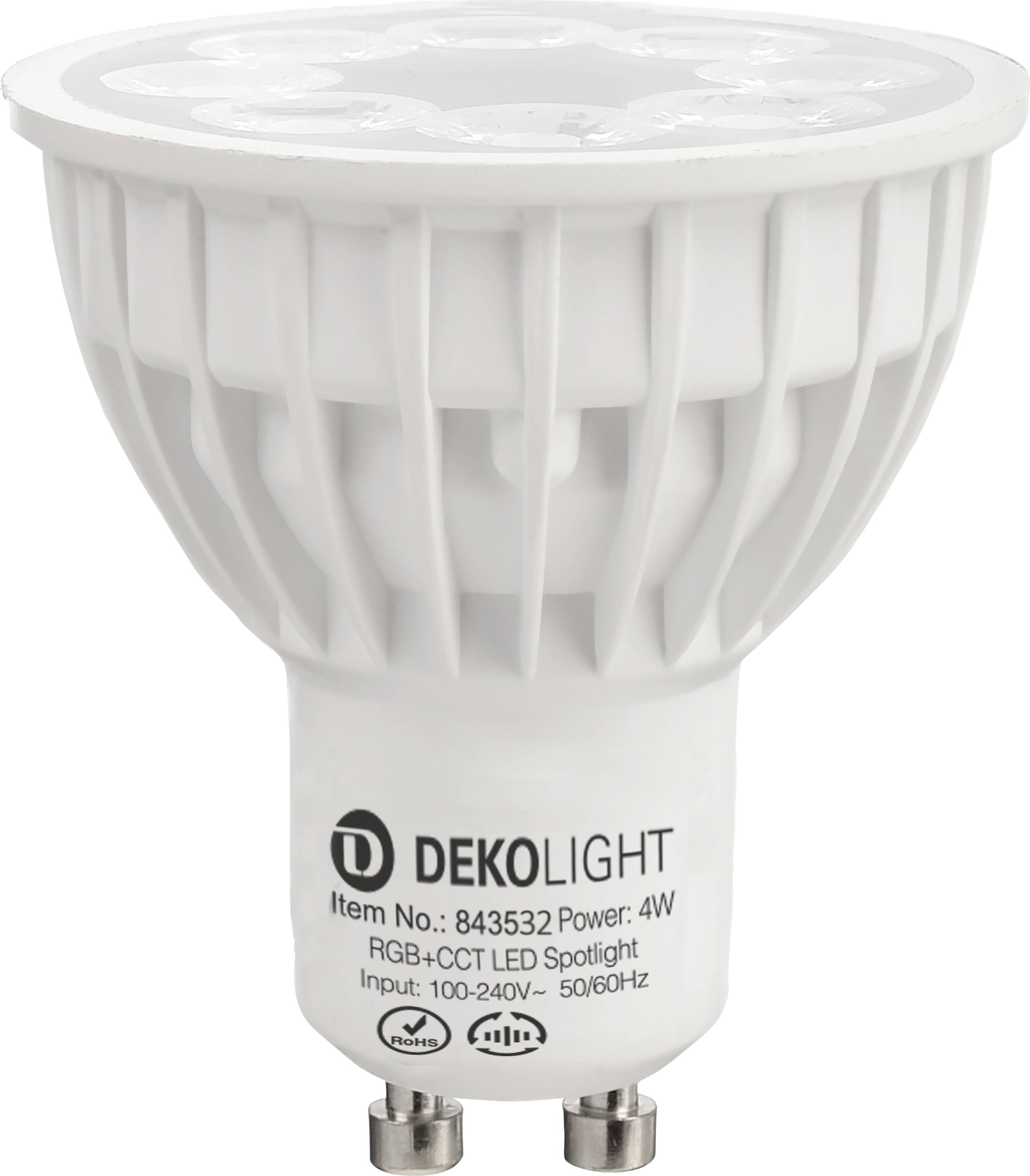 Weißer DEKOLIGHT LED-Spotlightlampe mit GU10-Sockel, gekennzeichnet mit 'Artikel-Nr. 843532', 'Leistung: 4W', 'RGB+CCT' und 'Eingabe: 100-240V~ 50/60Hz'.