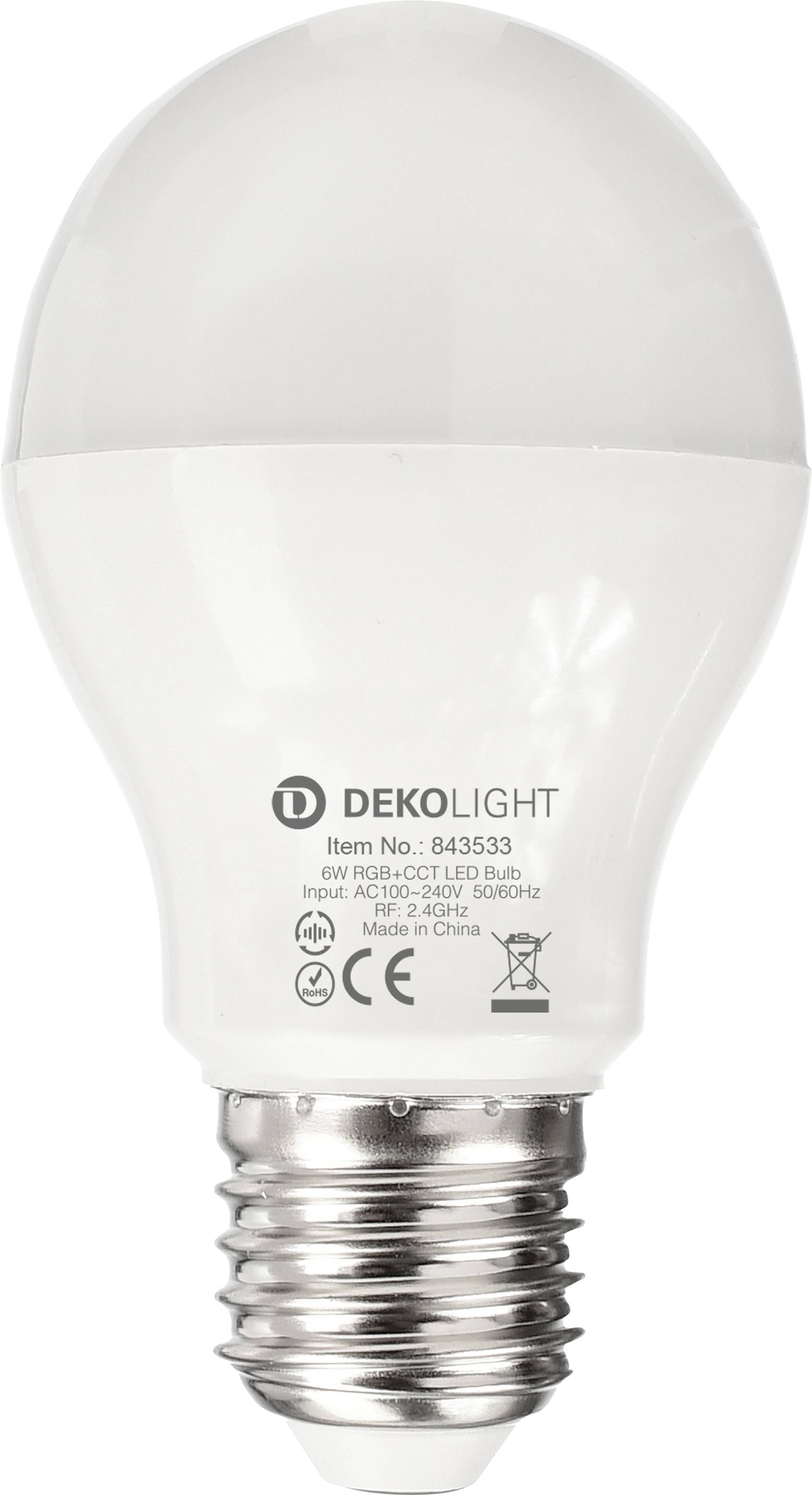 Eine weiße DEKOLIGHT LED-Glühbirne mit Schraubsockel, von vorne auf einfachem Hintergrund gezeigt.