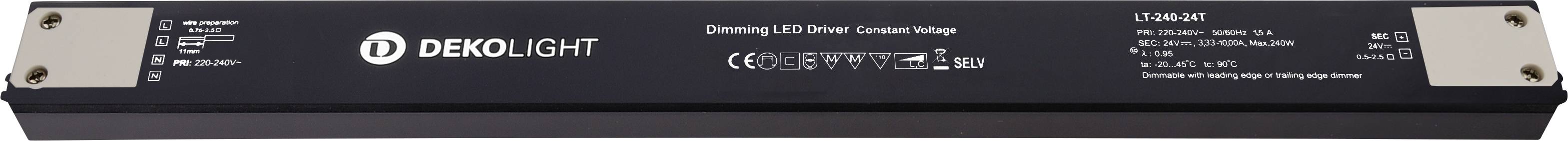 Black Dekolight Dimmungs-LED-Treiberumwandlermodul mit bedruckten Produktdetails und Befestigungskonsolen an beiden Enden.