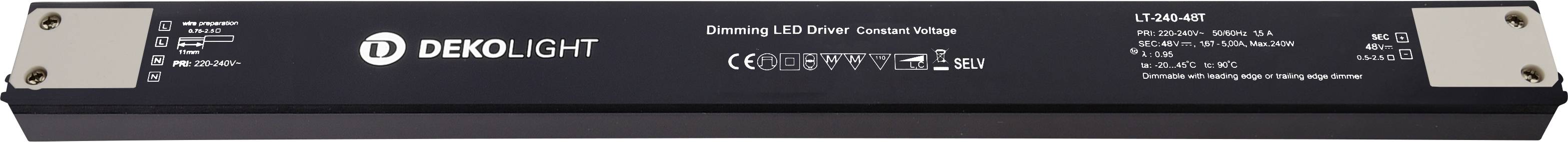 Dekolight Dimmungs-LED-Treiber mit Bezeichnung LT-18W-24V, mit gedruckter Verdrahtung und Zertifizierungssymbolen auf einem schwarzen rechteckigen Gerät.