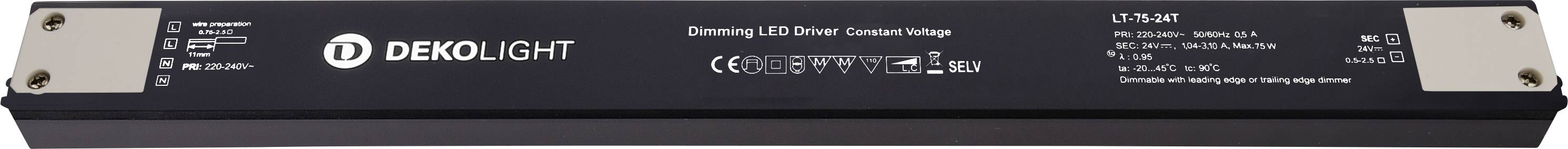 Schlankes schwarzes DEKOLIGHT dimmbares LED-Treiber-/Steuermodul horizontal angeordnet, mit weißen Produktetiketten und beigen Befestigungsenden.