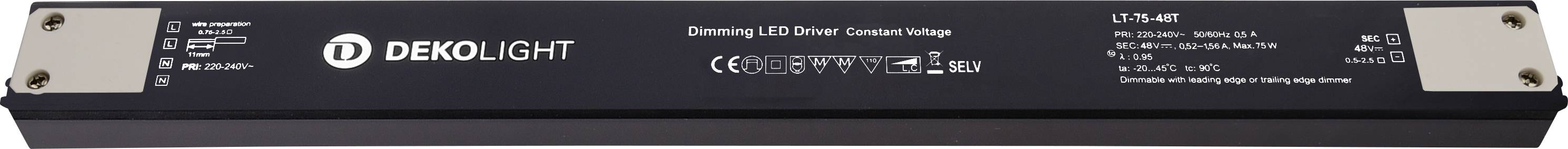 Dekolight dimmbarer LED-Treiber/Konverter-Modul, schwarze rechteckige Einheit mit gedruckten Spezifikationen und Anschllussklemmen an beiden Enden.