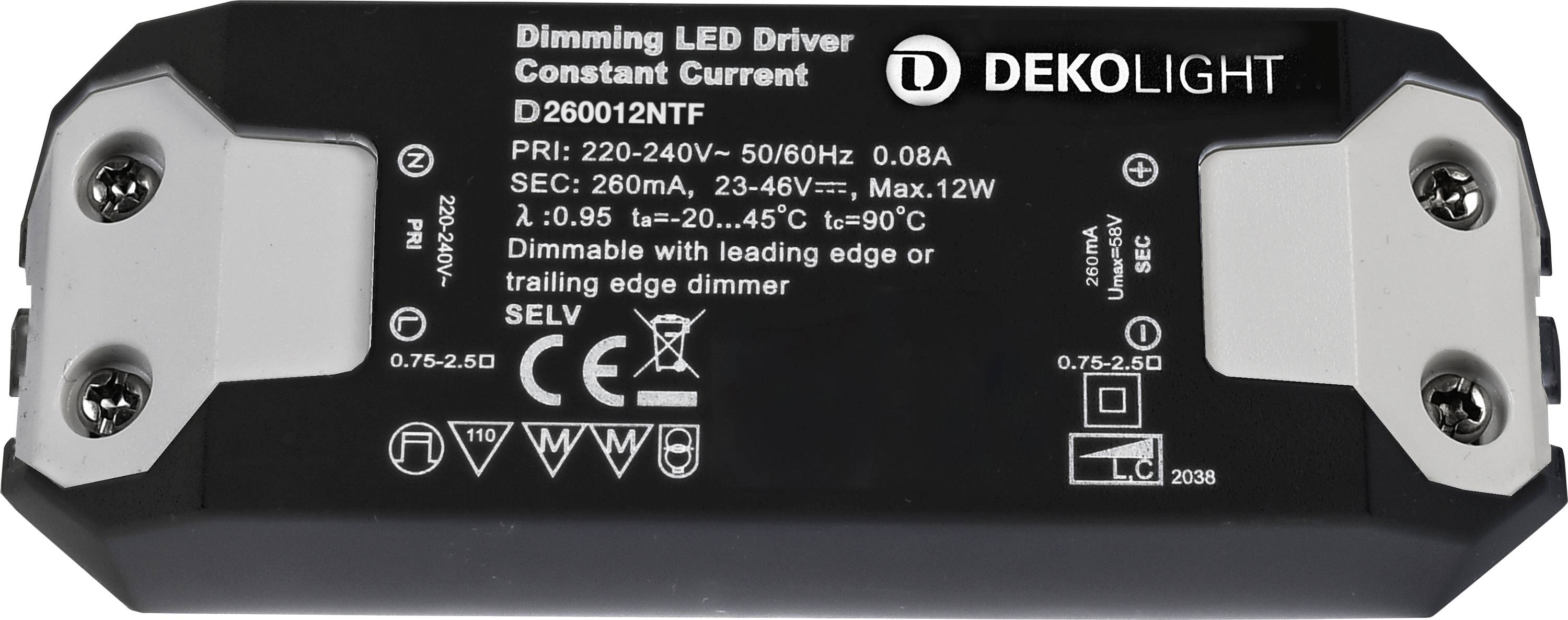 Schwarz DEKOLIGHT Dimmungs-LED-Treiber mit Bezeichnung D26012NTF, Eingang 220-240V AC und Ausgang 23-46V DC, max. 12W.