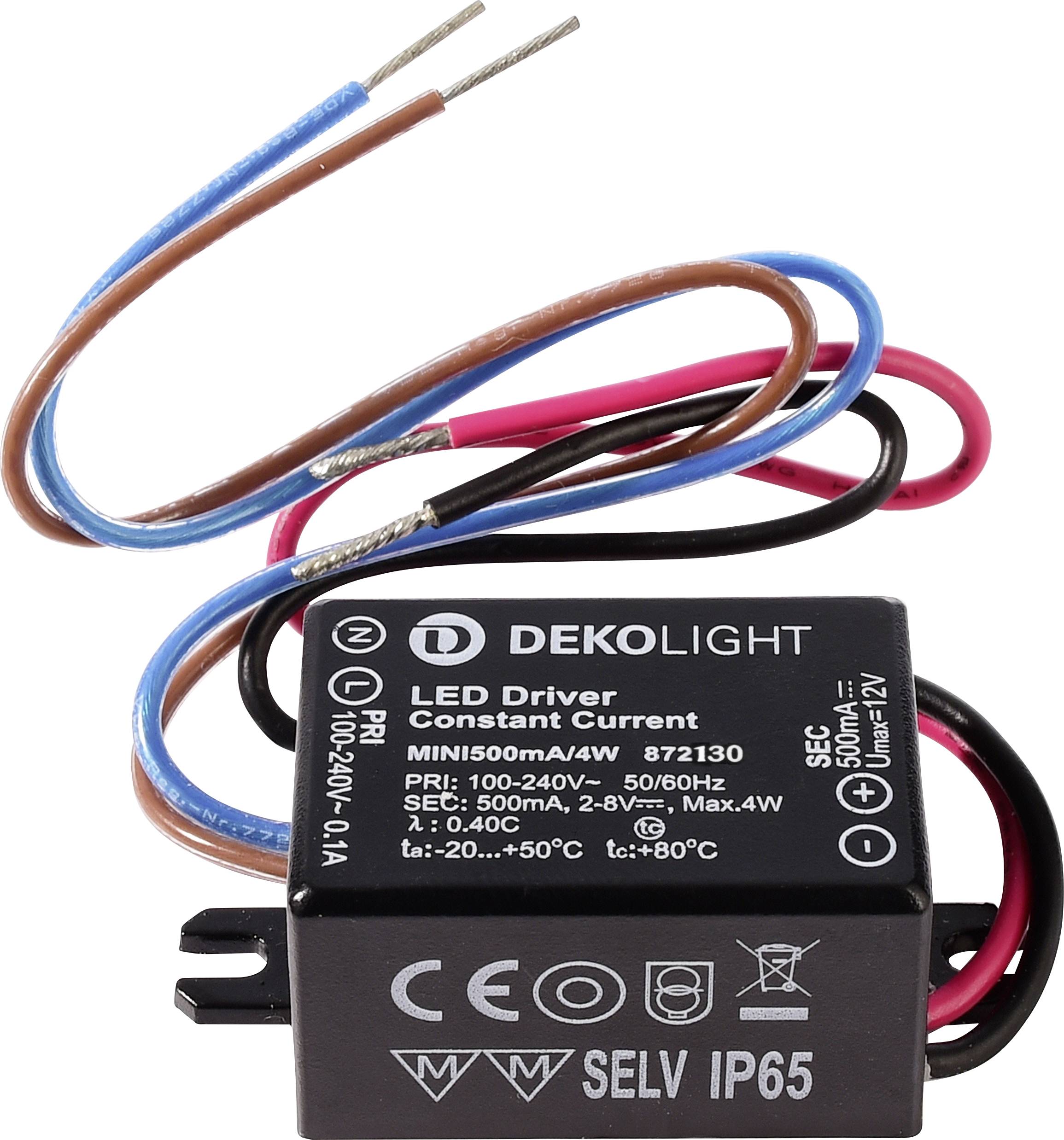 Schwarzes DEKOLIGHT LED-Treiber-Konstantstrommodul mit mehrfarbigen Drähten und aufgedruckten elektrischen Spezifikationen.