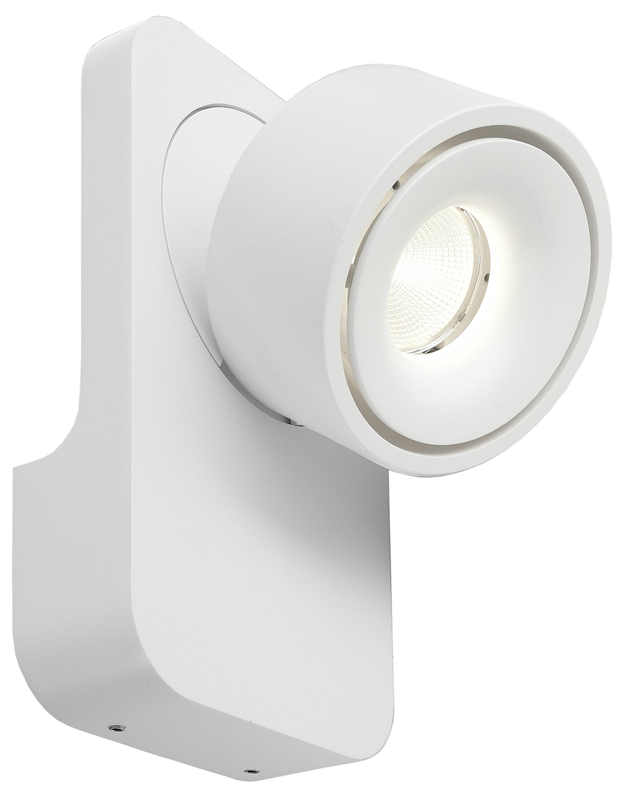 Weiße verstellbare wandmontierte Strahler mit rundem LED-Lampenkopf auf rechteckiger Basis.