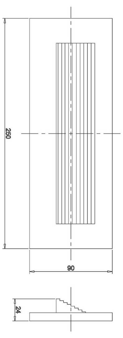 Technische Zeichnung eines rechteckigen Teils, dargestellt in Vorder- und Seitenansicht mit den Abmessungen 250 hoch, 90 breit und 24 dick.