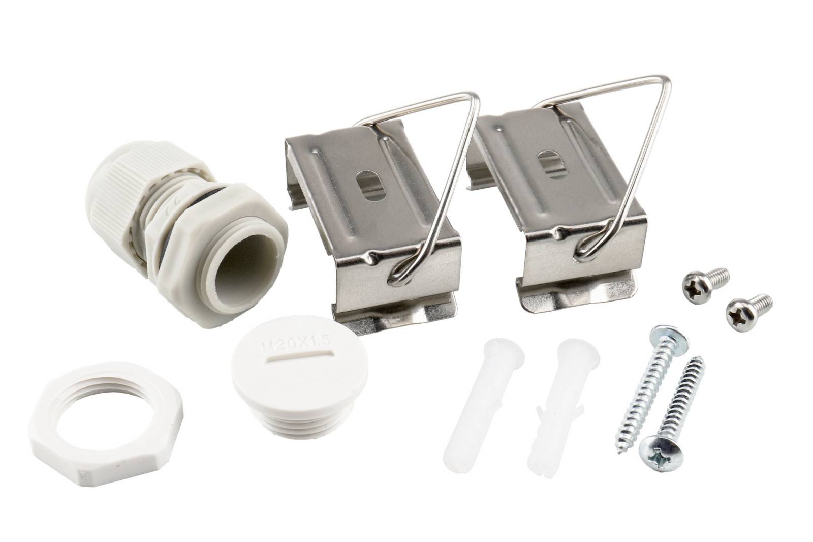 Ein Hardware-Set mit zwei Metallfedern, einer weißen Kunststoff-Kabelverschraubung, einer Sechskantmutter, zwei weißen Dübeln, zwei Schrauben und einer runden Kappe auf weißem Hintergrund.