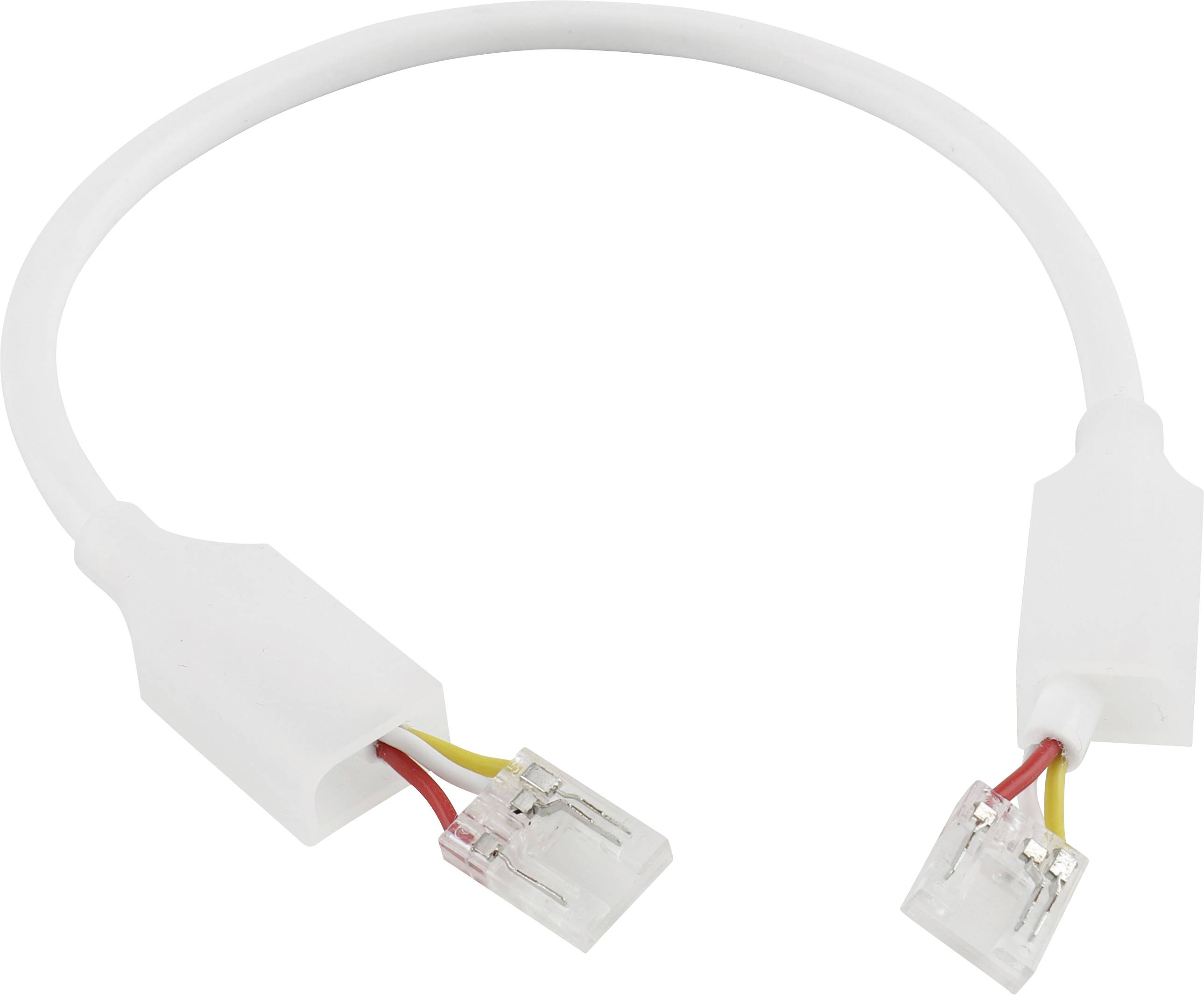 Weißes Kabel mit transparenten Steckerenden und roten, gelben und schwarzen Drähten, die an beiden Enden freigelegt sind.