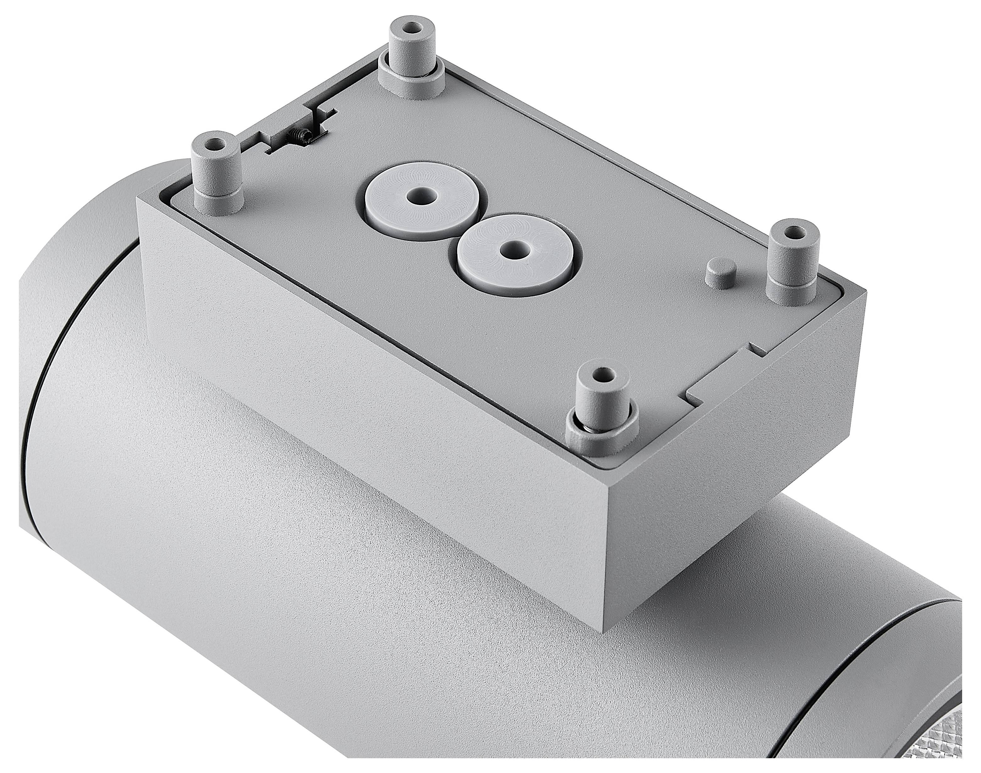 3D-Rendering einer grauen rechteckigen mechanischen Komponente, die auf einer gekrümmten zylindrischen Basis montiert ist, mit vier Pfosten und zwei kreisförmigen Anschlüssen oben.