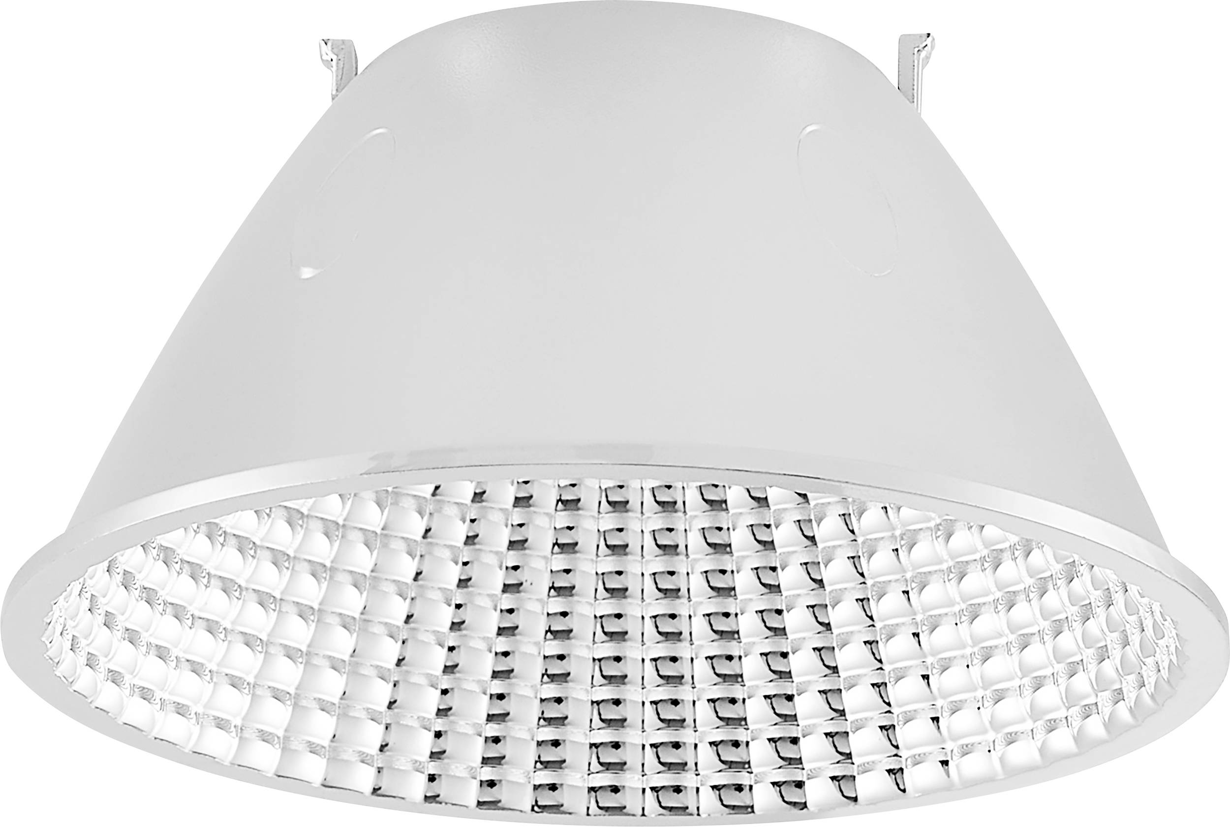 Weiße bündige LED-Kassettenleuchte mit reflektivem Lamellengitter-Diffusor, vor einem einfachen weißen Hintergrund dargestellt.